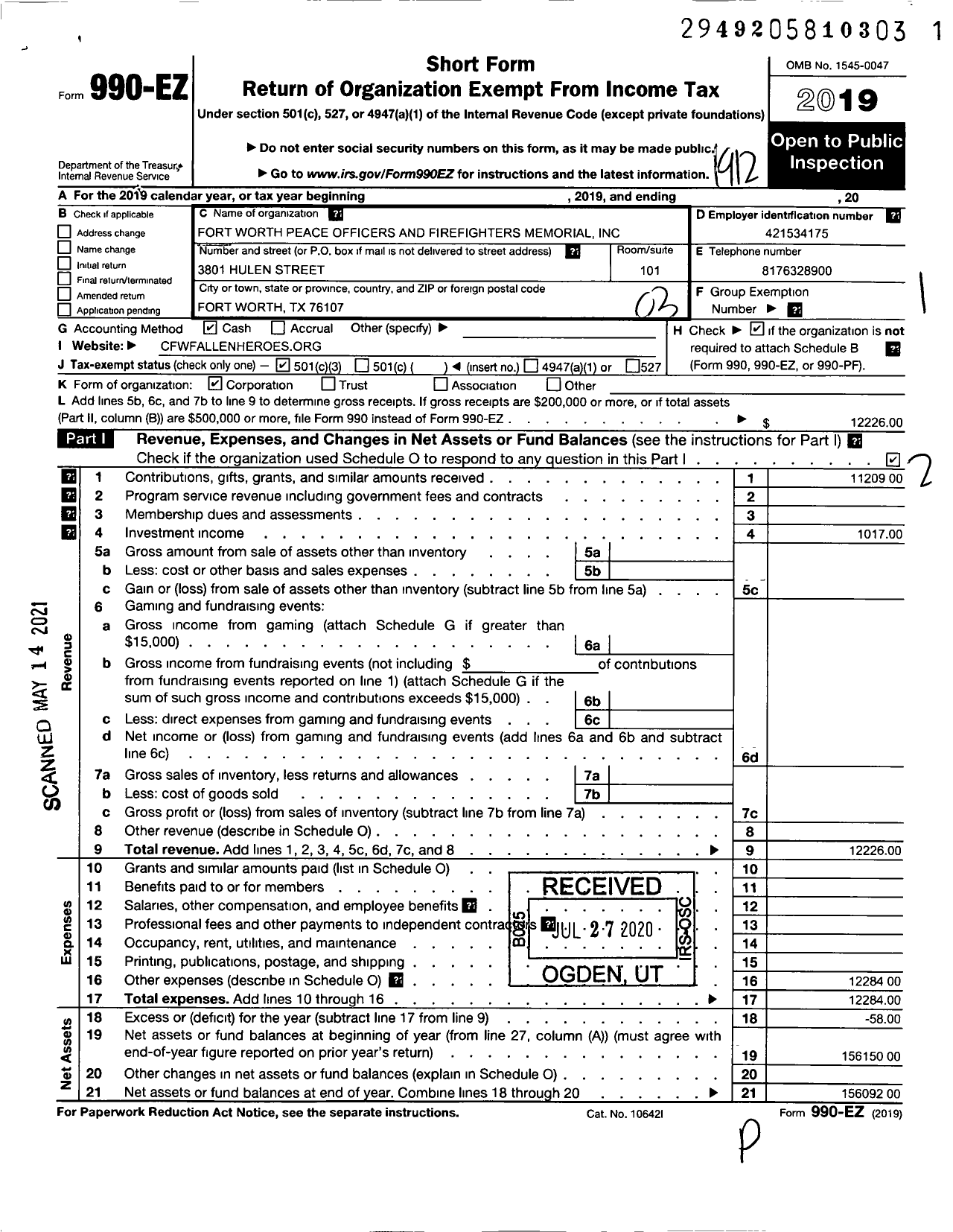 Image of first page of 2019 Form 990EZ for Fort Worth Police and Firefighters Memorial