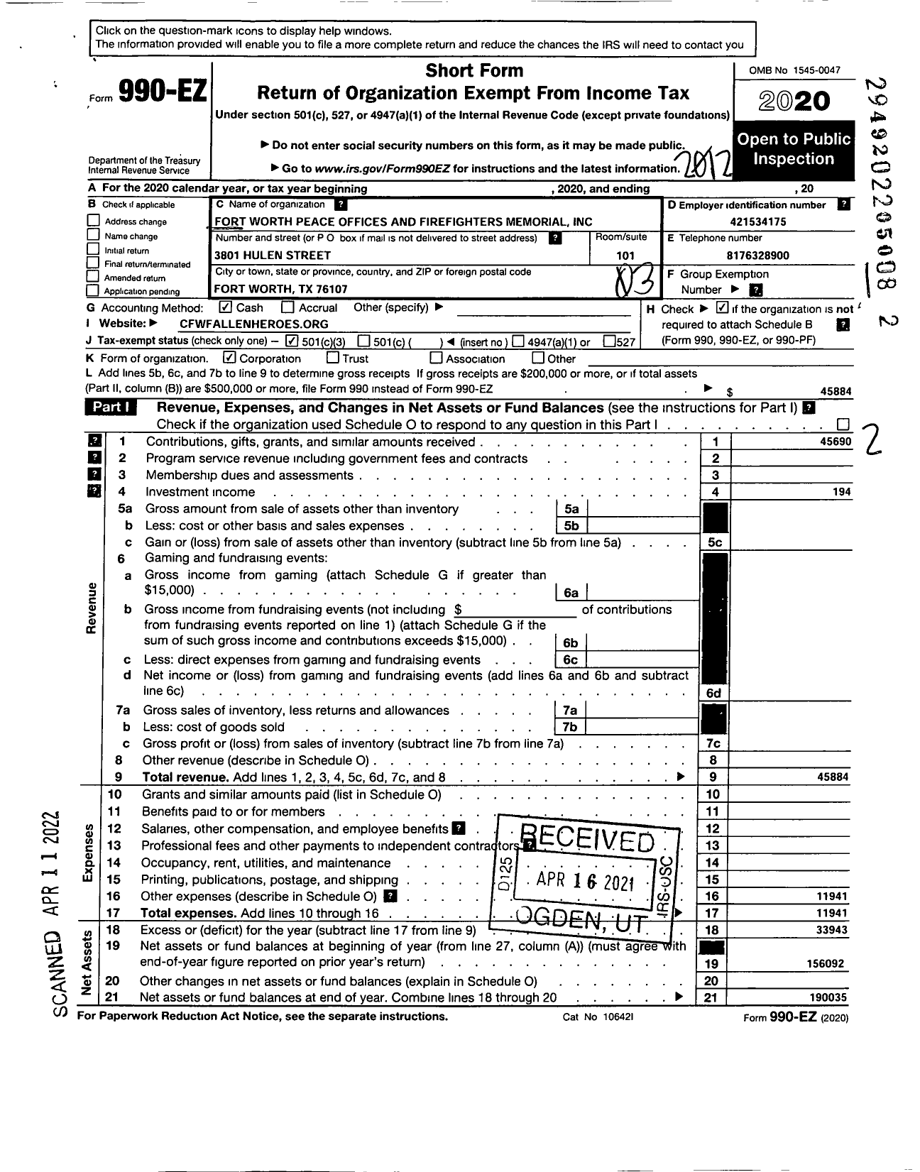 Image of first page of 2020 Form 990EZ for Fort Worth Police and Firefighters Memorial