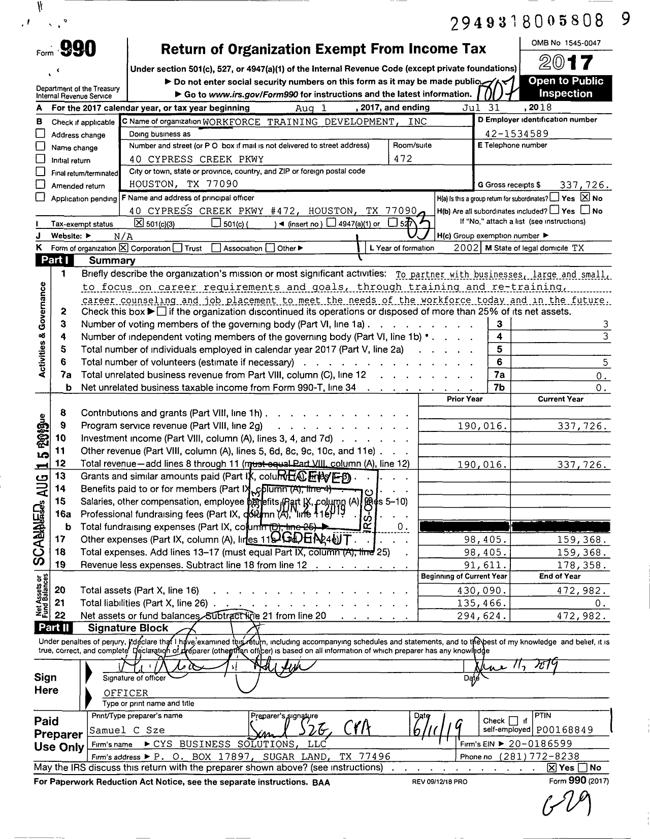 Image of first page of 2017 Form 990 for Workforce Training Development