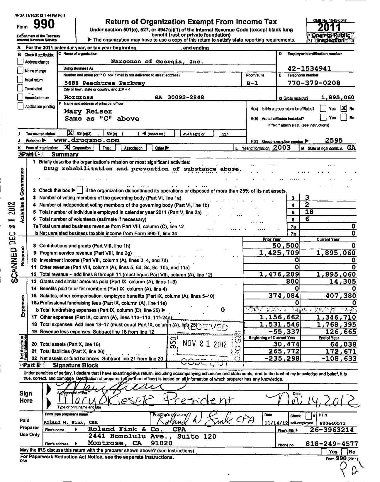 Image of first page of 2011 Form 990 for Narconon International / Narconon of Georgia