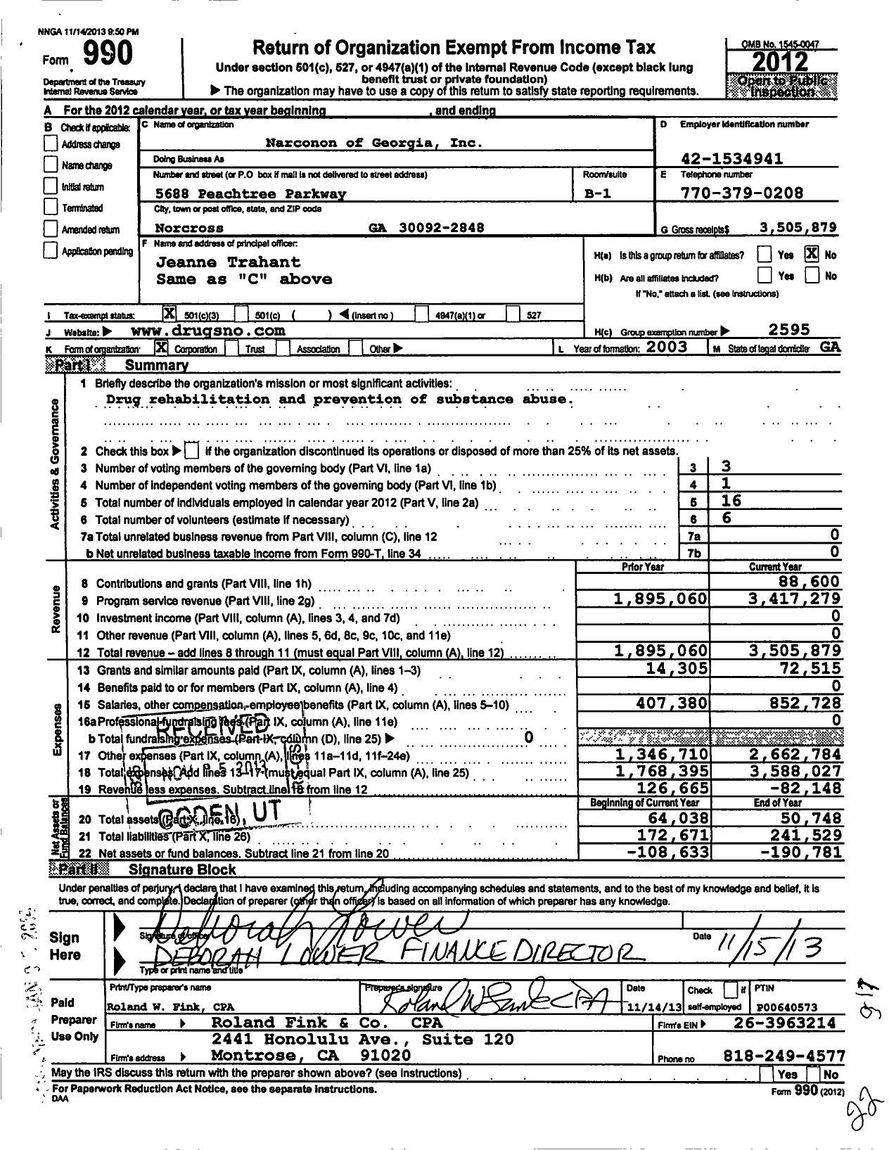 Image of first page of 2012 Form 990 for Narconon International / Narconon of Georgia