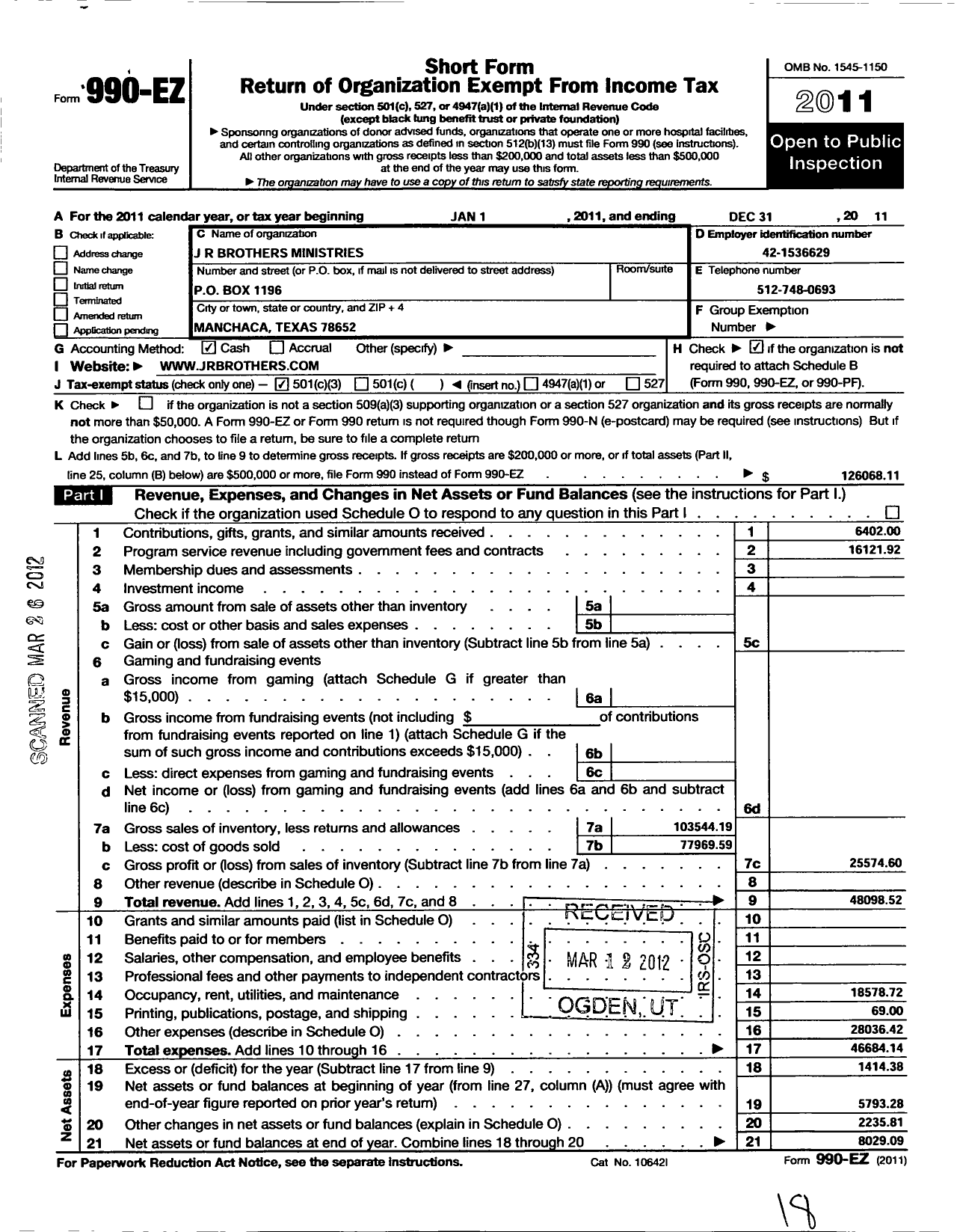 Image of first page of 2011 Form 990EZ for Azure Ministries