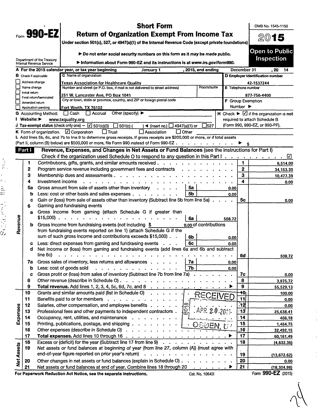 Image of first page of 2014 Form 990EZ for Texas Association for Healthcare Quality