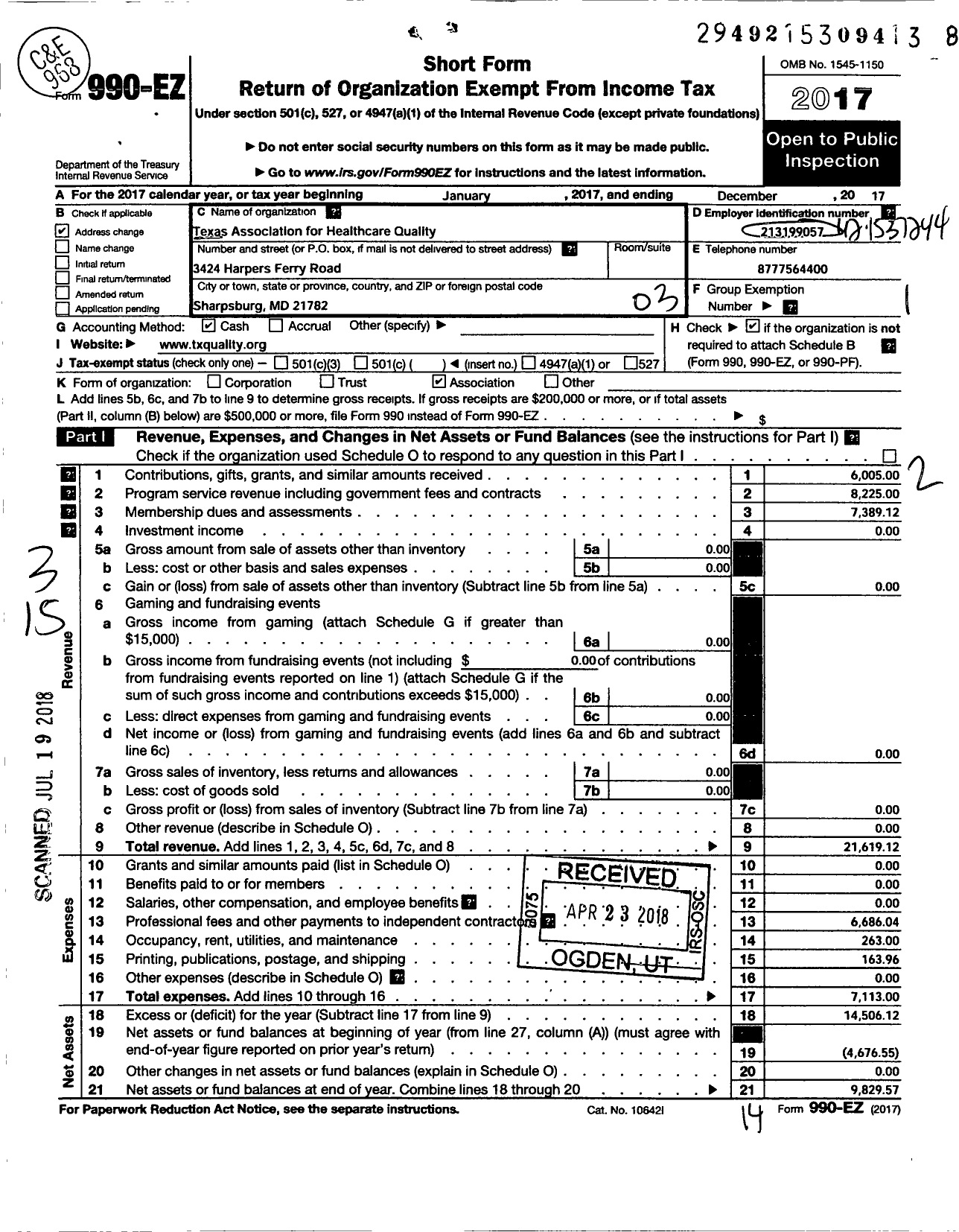 Image of first page of 2017 Form 990EZ for Texas Association for Healthcare Quality