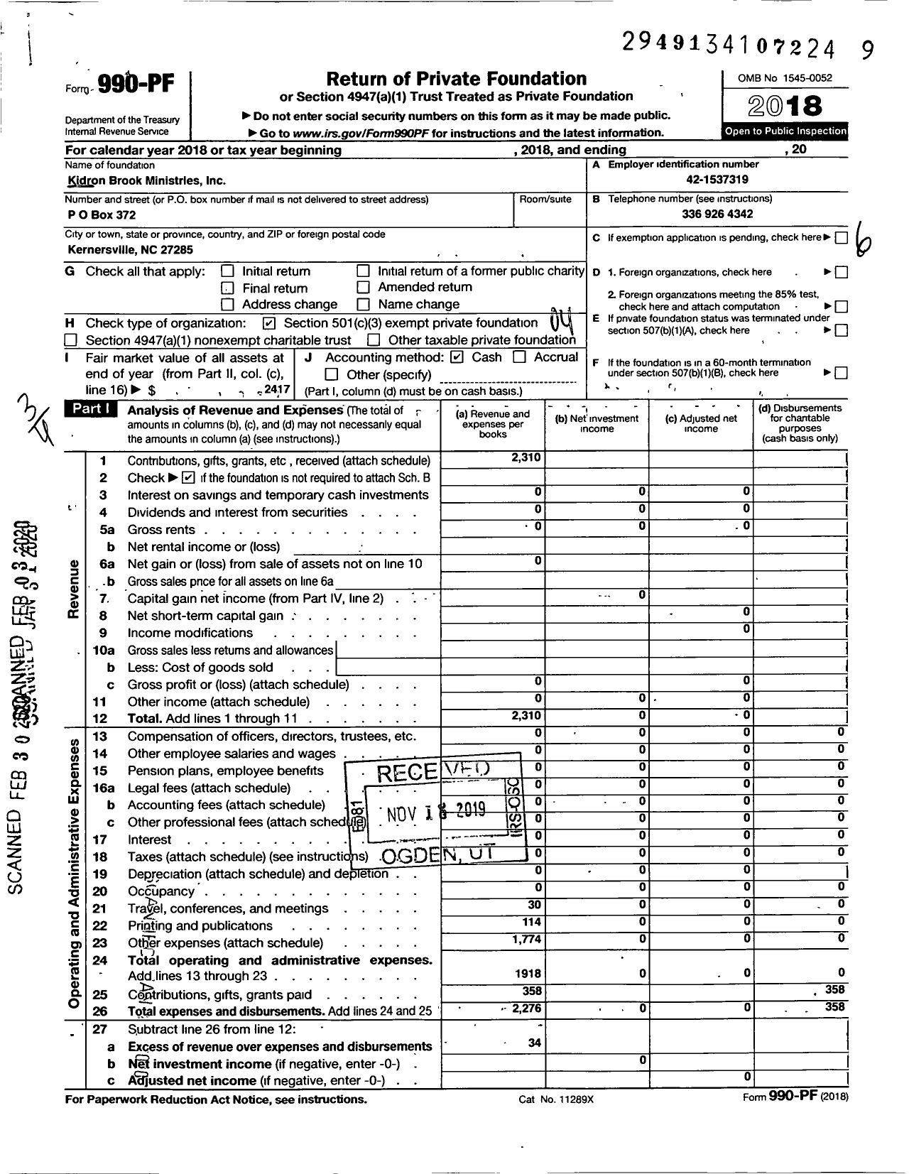 Image of first page of 2018 Form 990PF for Kidron Brook Ministries