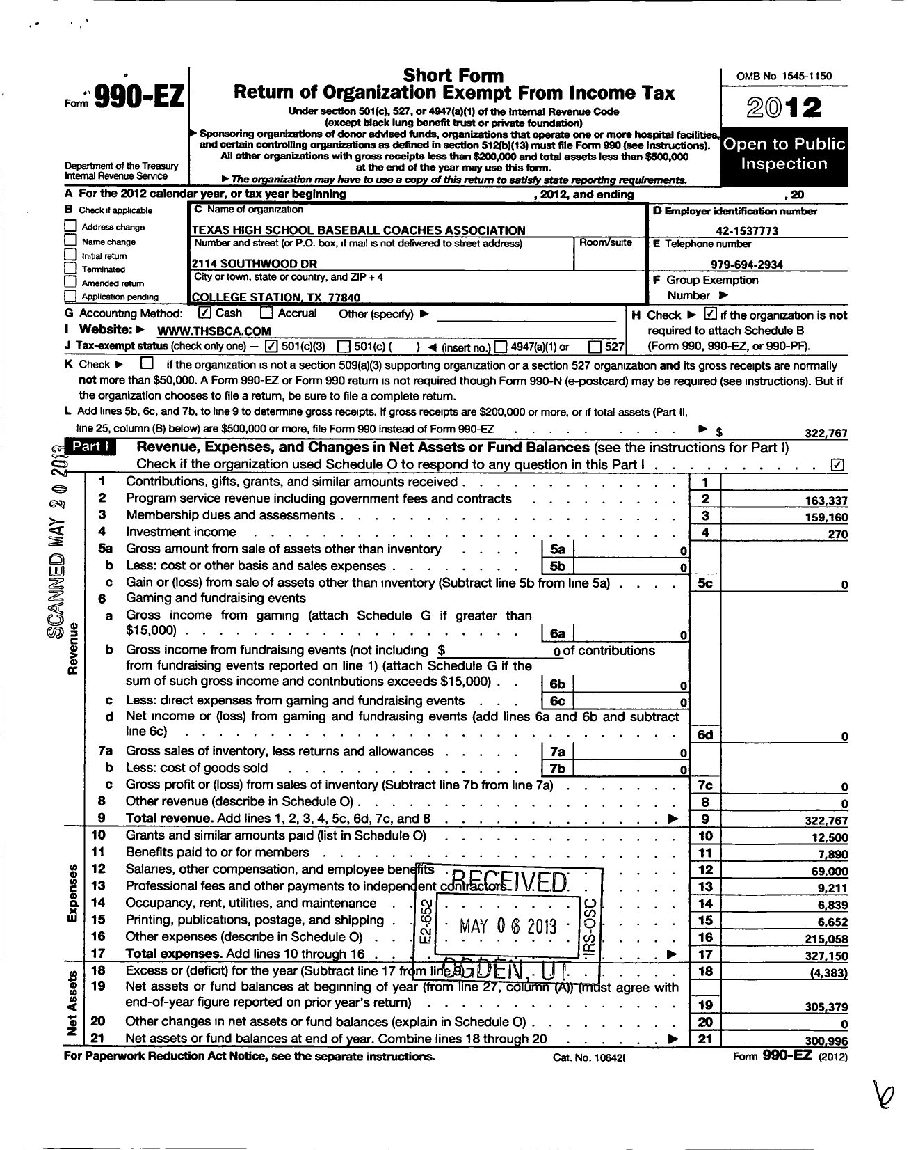 Image of first page of 2012 Form 990EZ for Texas High School Baseball Coaches Association