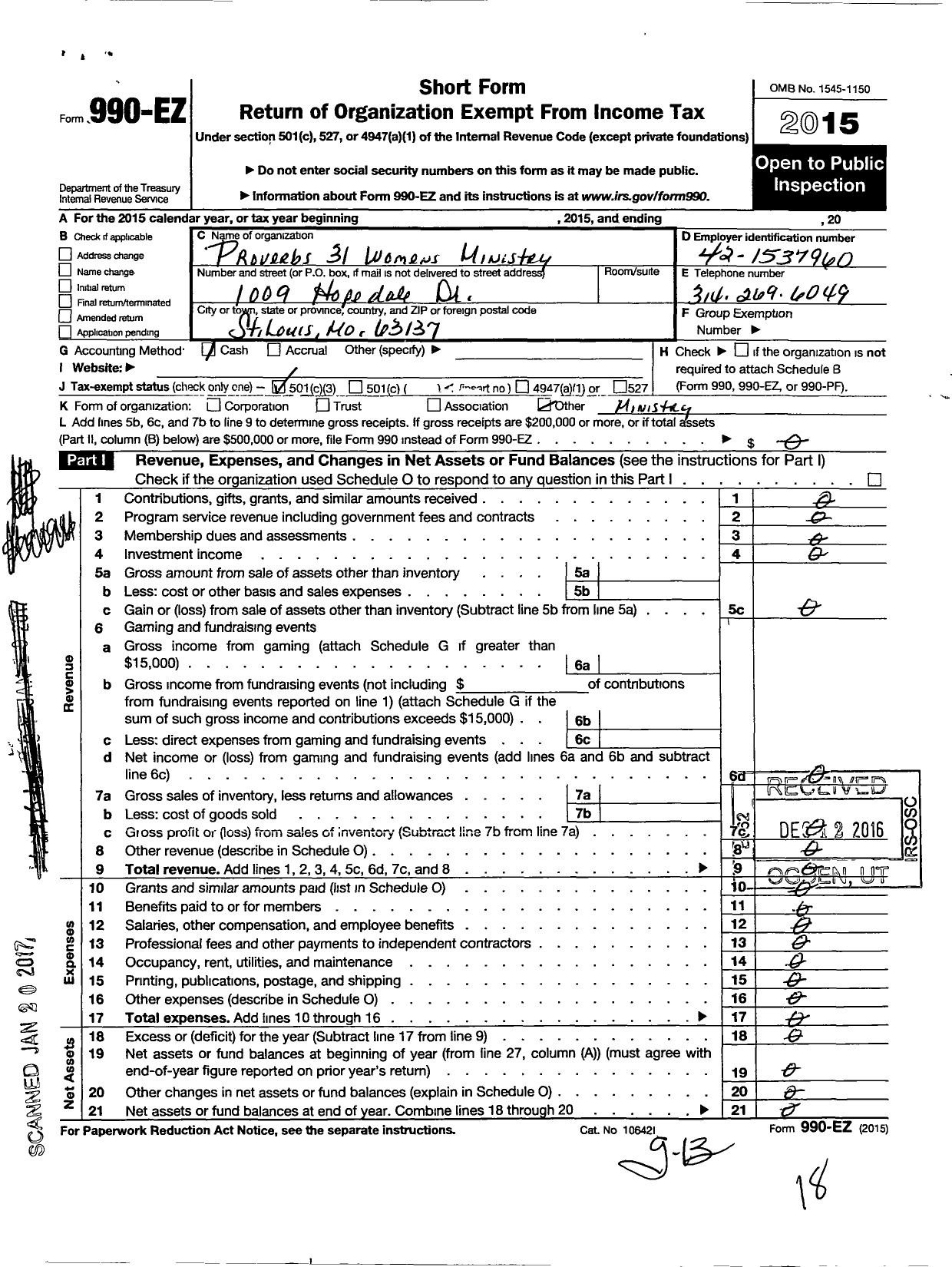 Image of first page of 2015 Form 990EZ for Proverbs 31 Womens Ministry