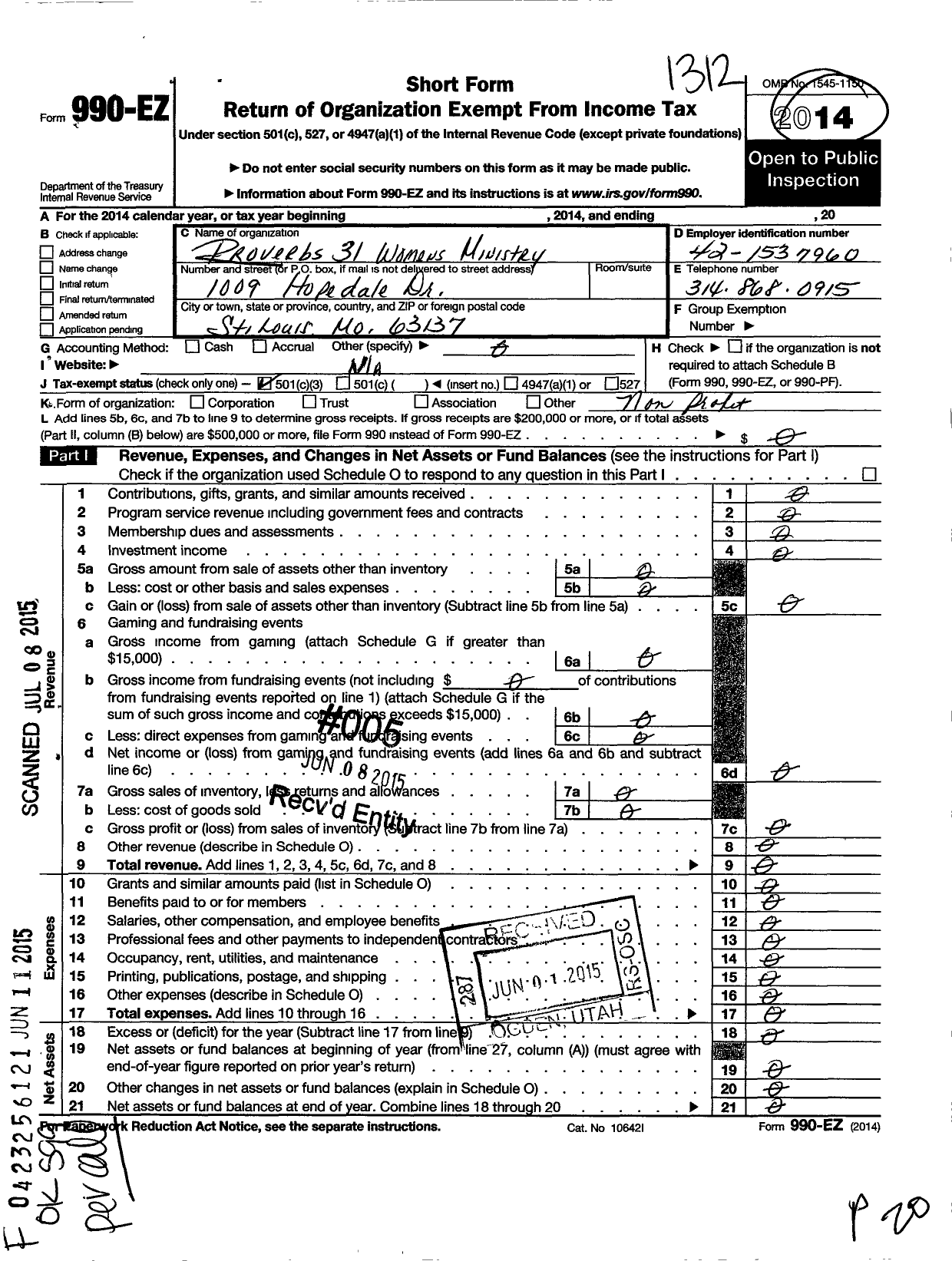 Image of first page of 2013 Form 990EZ for Proverbs 31 Womens Ministry