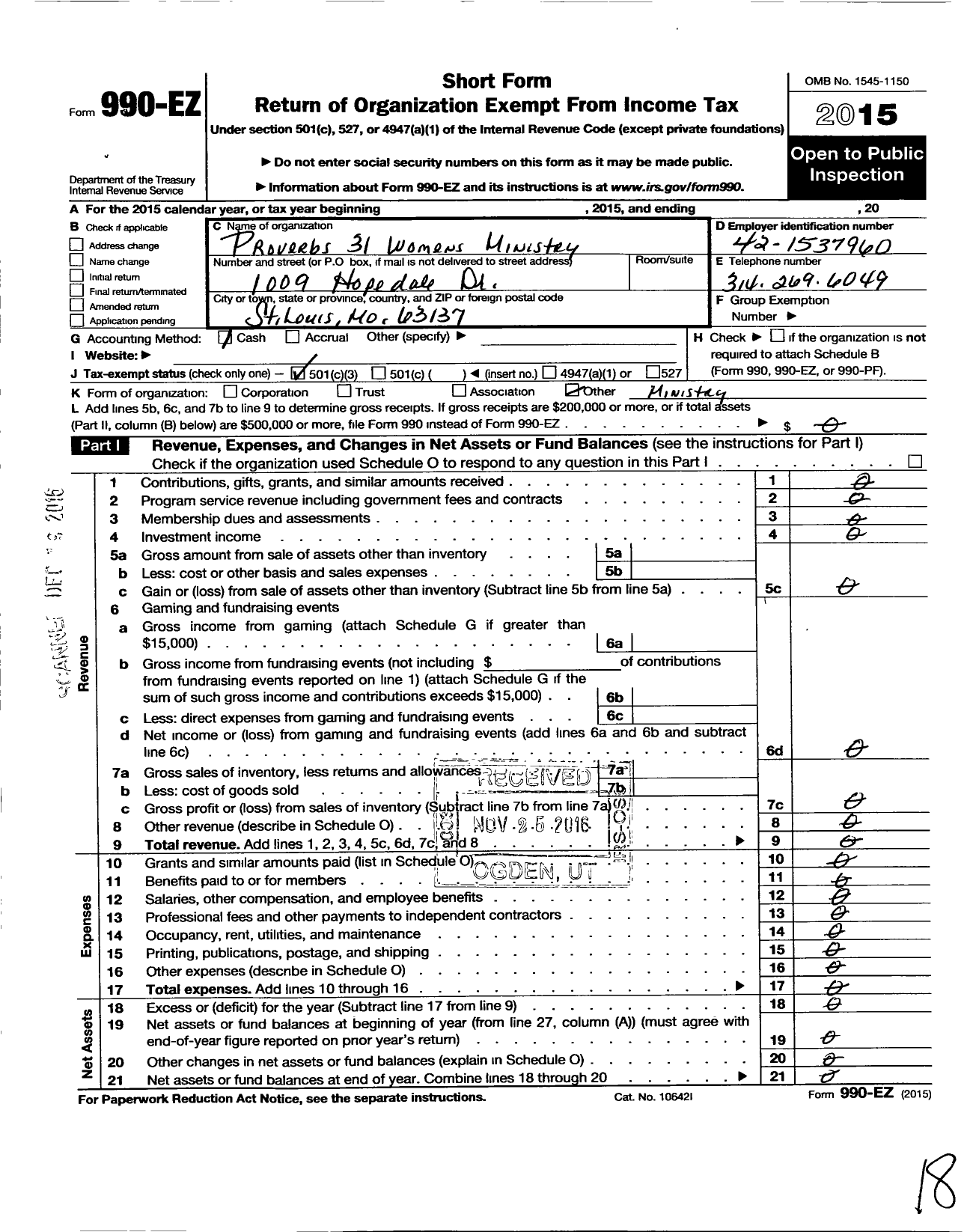 Image of first page of 2015 Form 990EZ for Proverbs 31 Womens Ministry