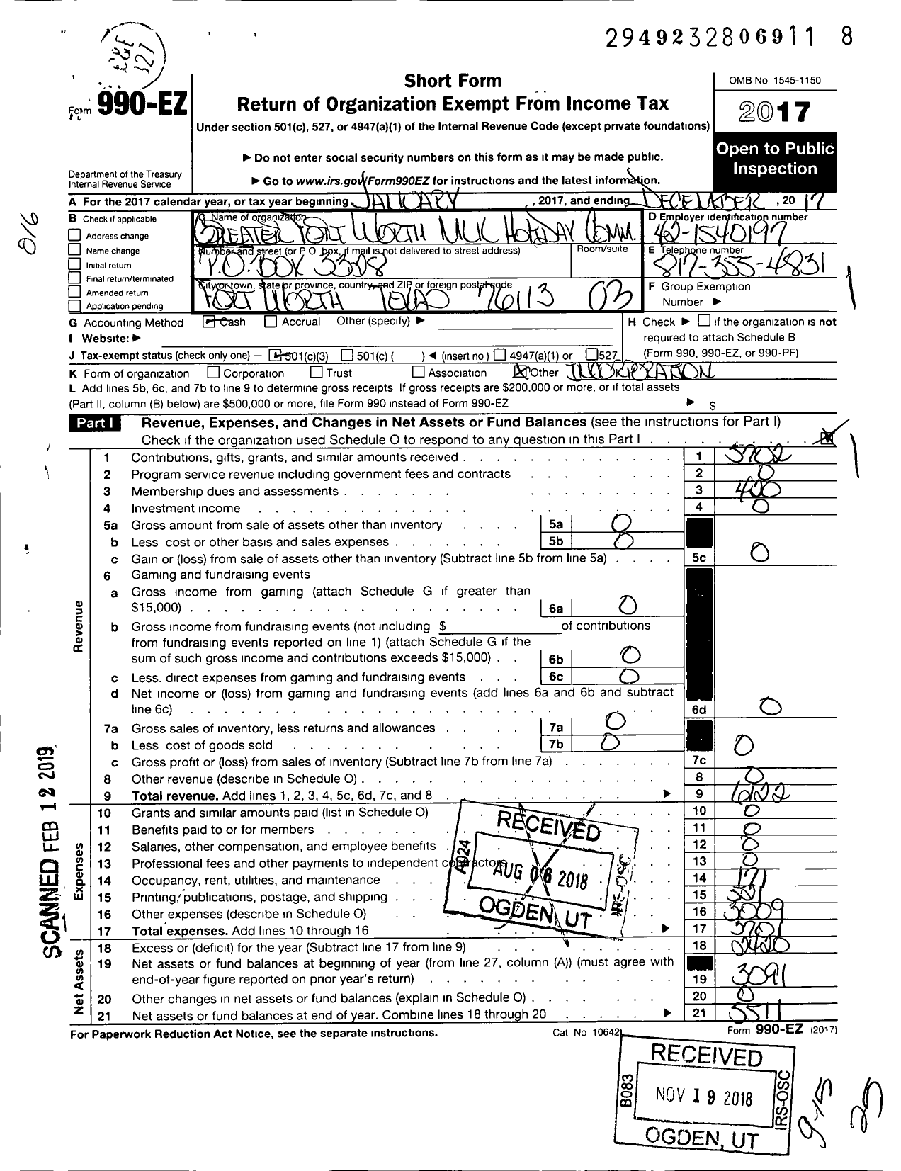 Image of first page of 2017 Form 990EZ for Greater Fort Worth Martin Luther King JR Holiday Committee