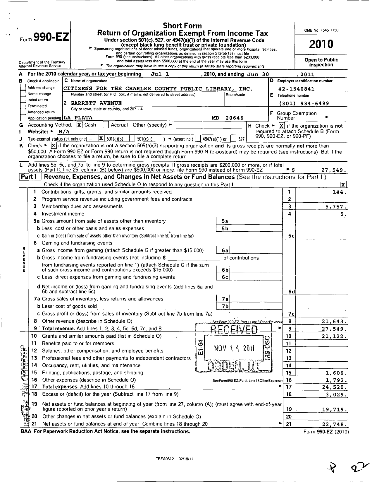 Image of first page of 2010 Form 990EZ for Citizens for the Charles County Public Library