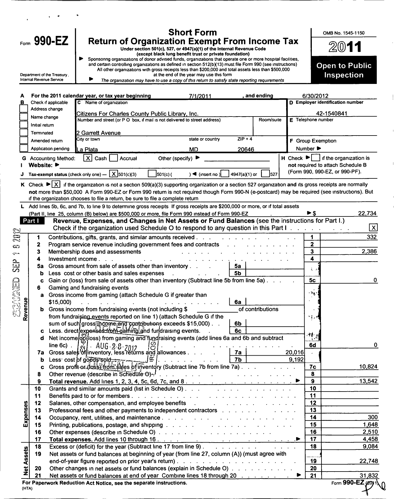 Image of first page of 2011 Form 990EZ for Citizens for the Charles County Public Library