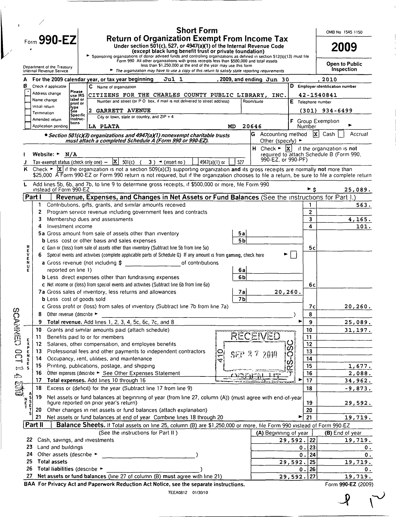 Image of first page of 2009 Form 990EZ for Citizens for the Charles County Public Library