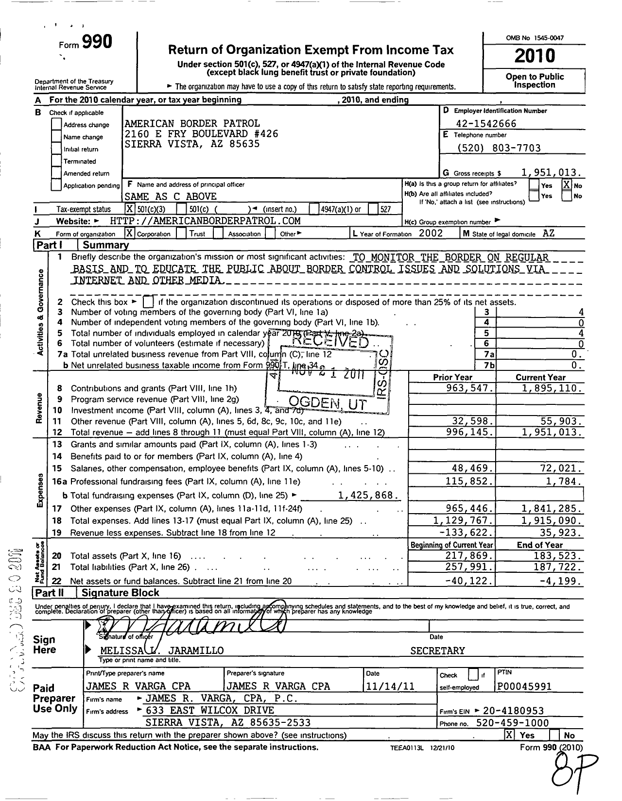 Image of first page of 2010 Form 990 for American Border Patrol (ABP)