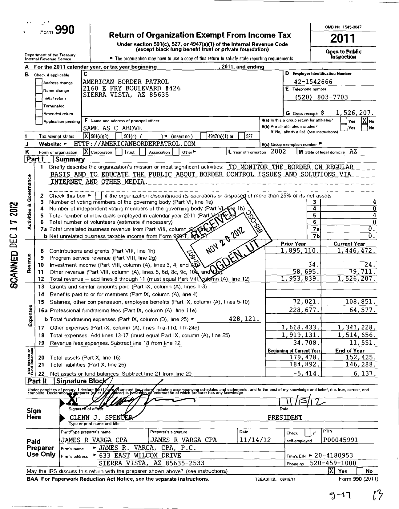 Image of first page of 2011 Form 990 for American Border Patrol (ABP)