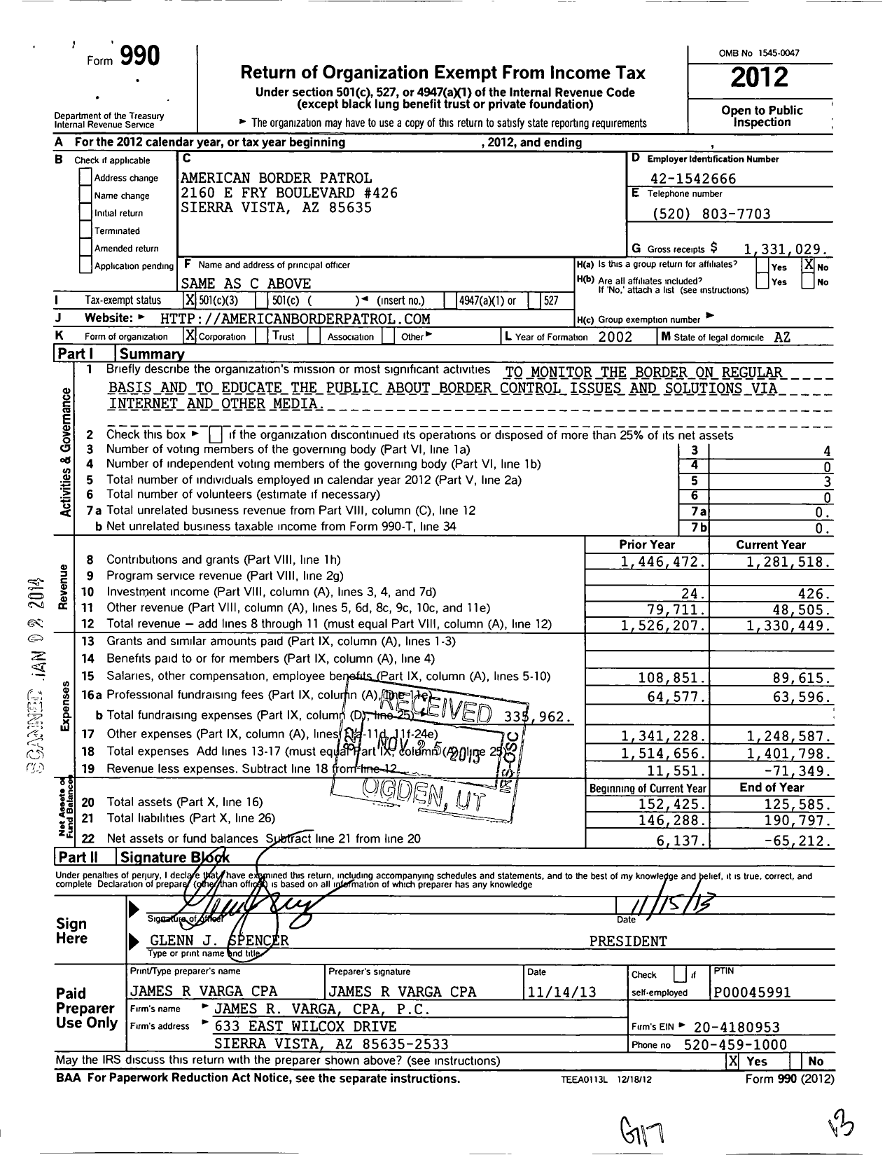 Image of first page of 2012 Form 990 for American Border Patrol (ABP)