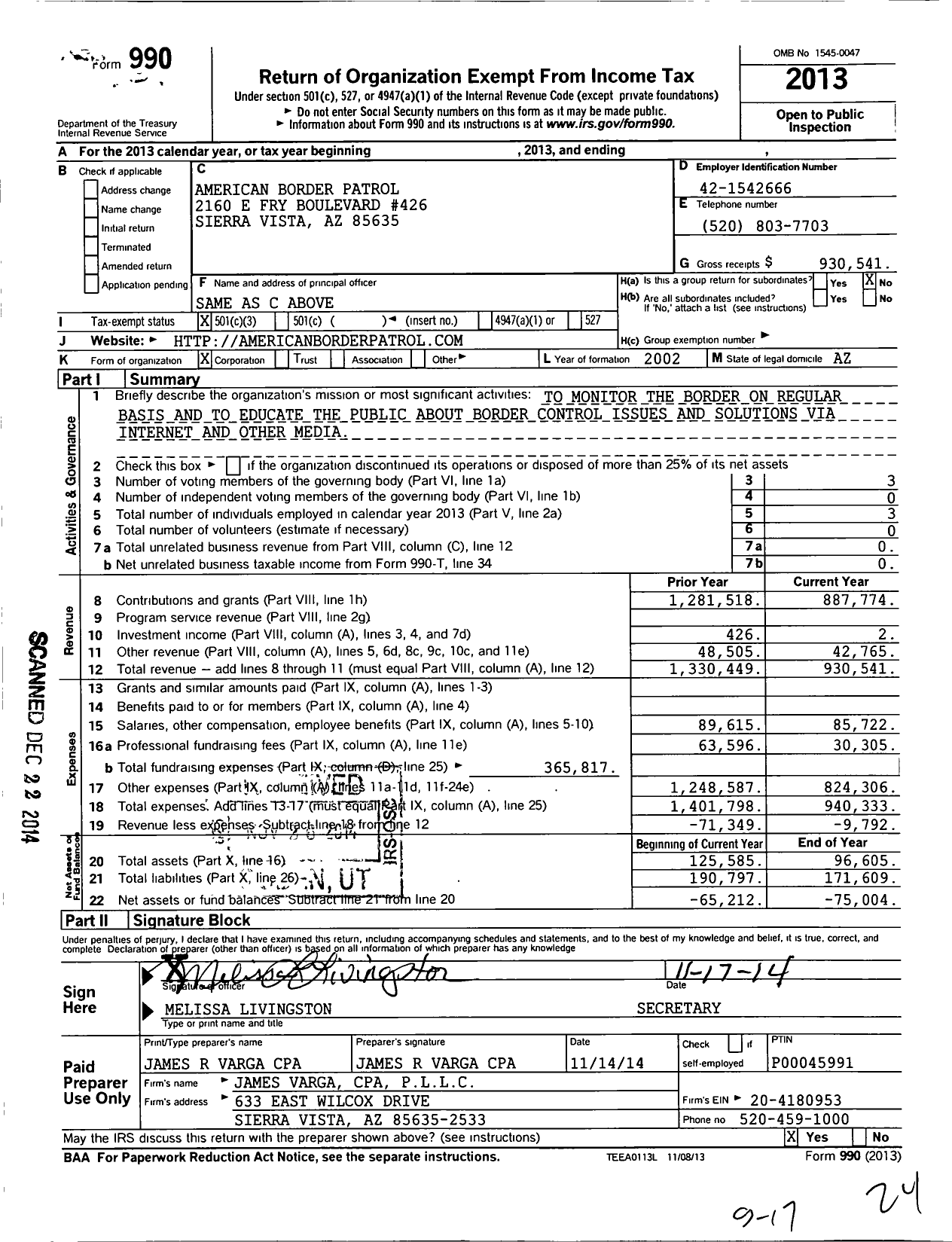 Image of first page of 2013 Form 990 for American Border Patrol (ABP)