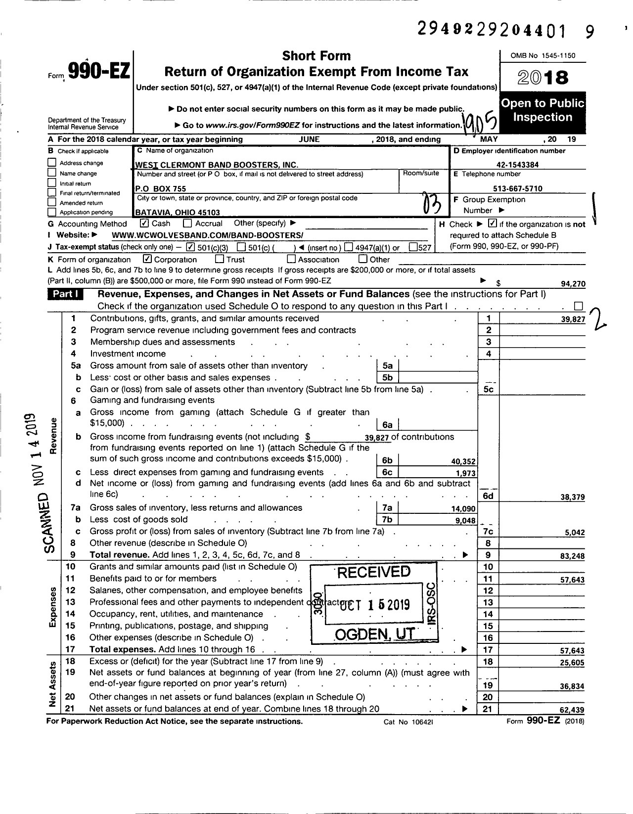 Image of first page of 2018 Form 990EZ for West Clermont Band Boosters