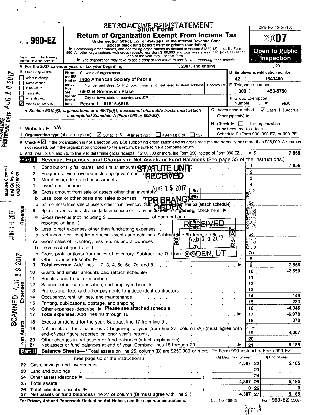 Image of first page of 2007 Form 990EZ for Indo American Society of Peoria