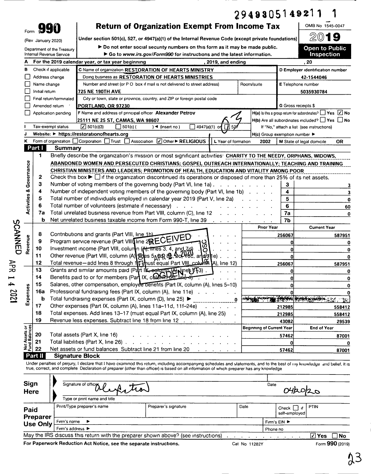 Image of first page of 2019 Form 990 for Restoration of Hearts Ministries