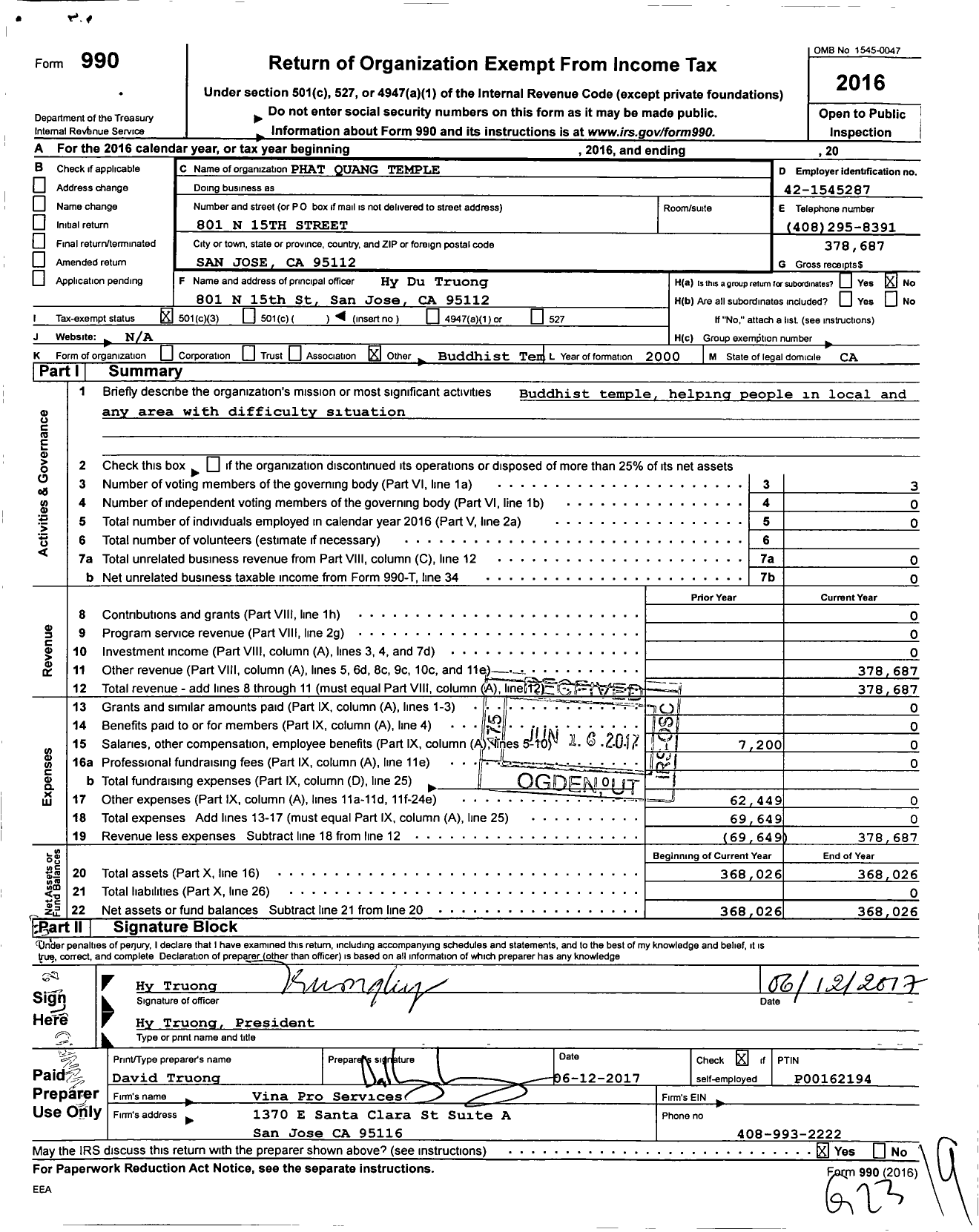 Image of first page of 2016 Form 990 for Phat Quang Temple