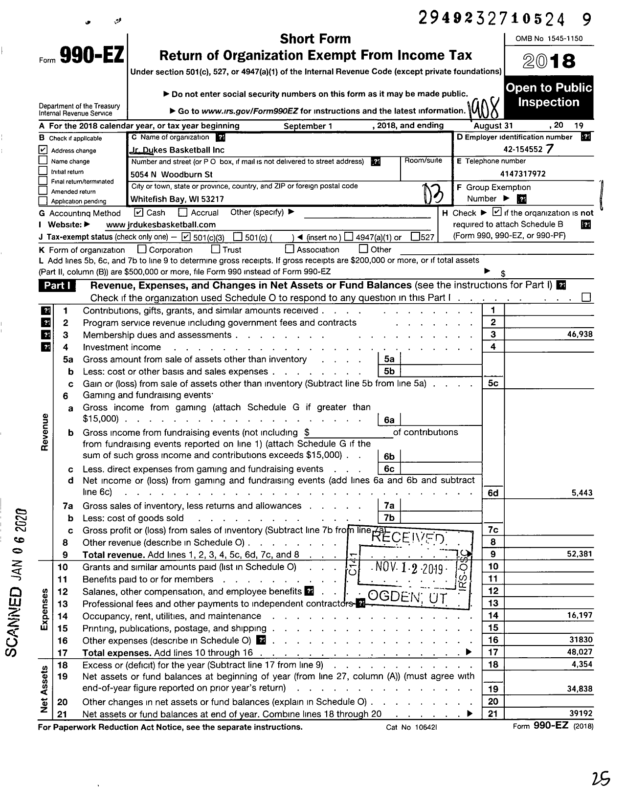 Image of first page of 2018 Form 990EZ for JR Dukes Basketball