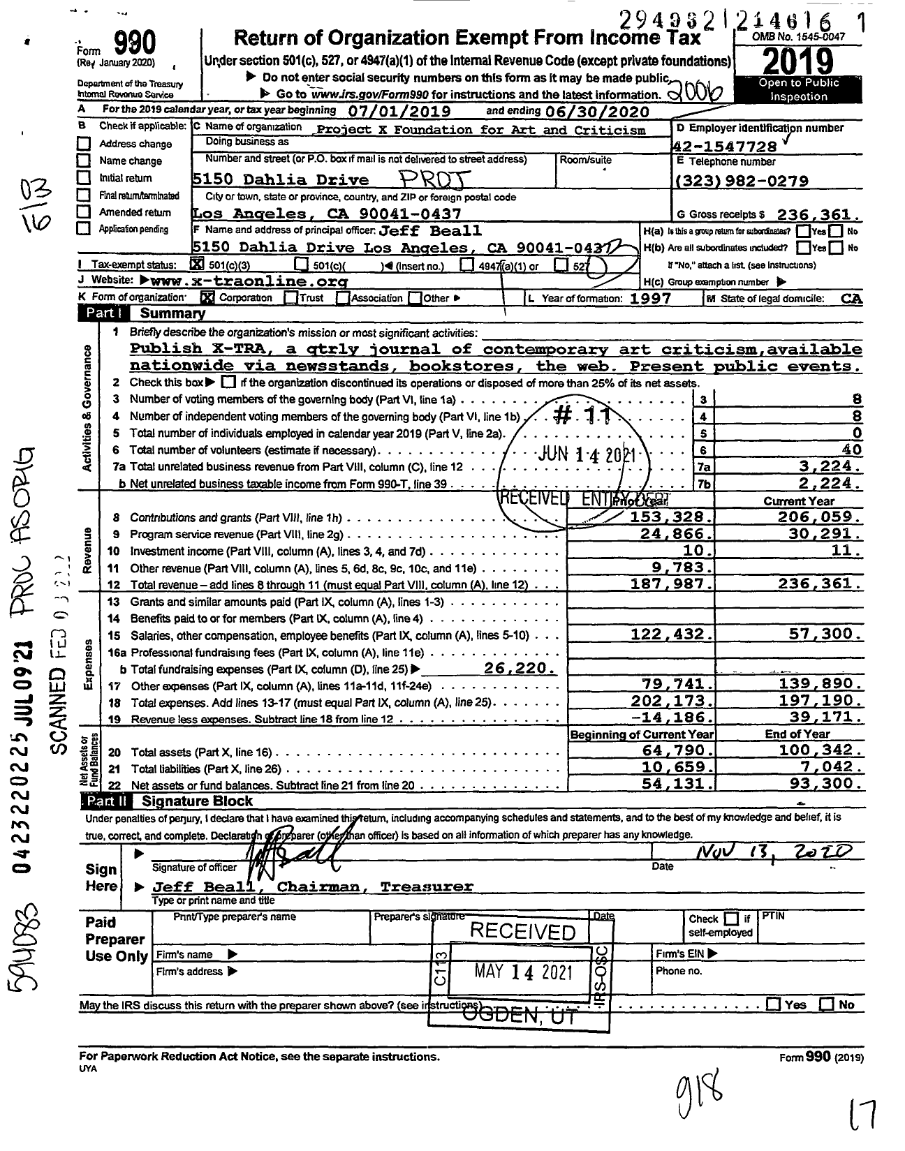 Image of first page of 2019 Form 990 for Project X Foundation for Art and Criticism