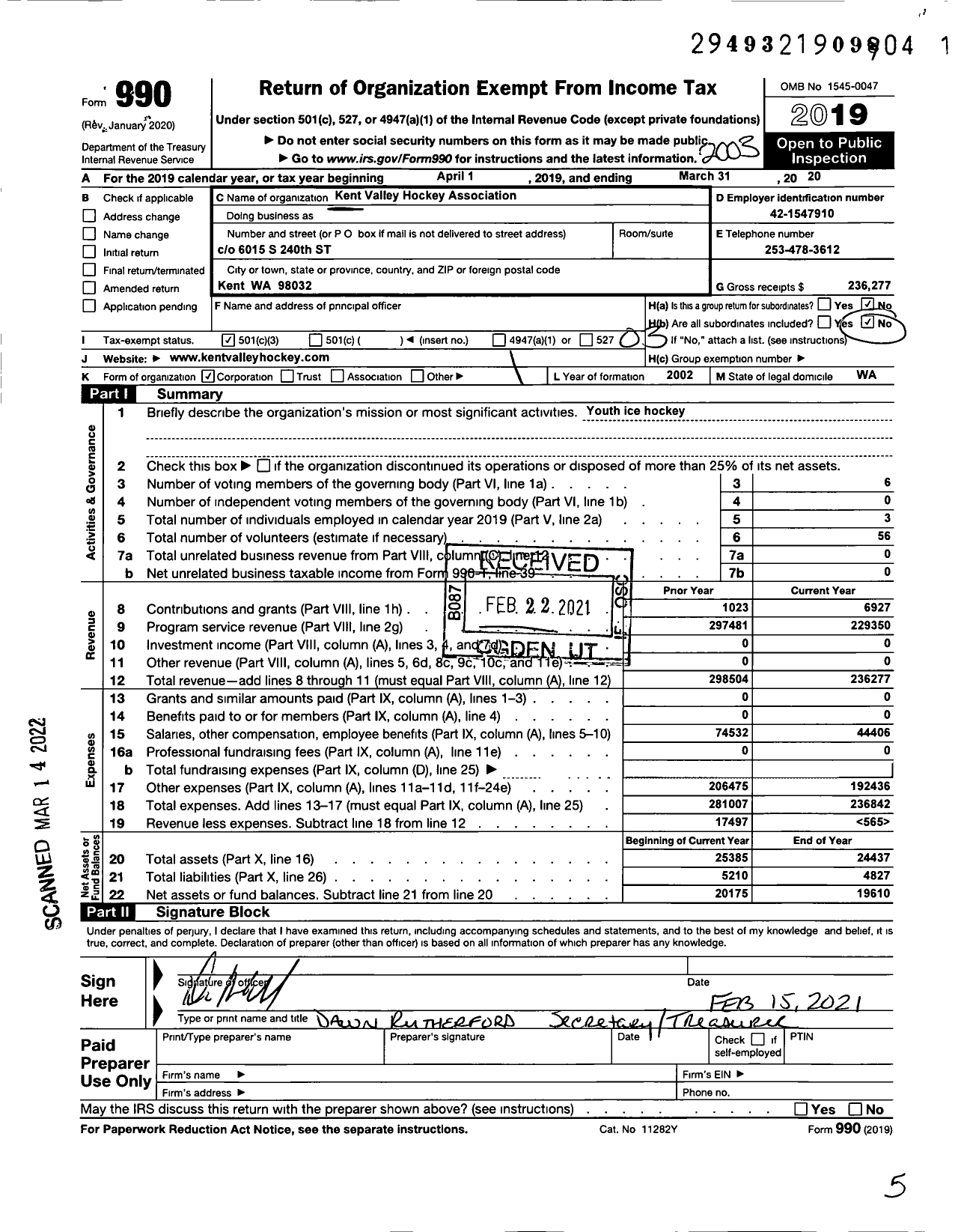 Image of first page of 2019 Form 990 for Kent Valley Hockey Association