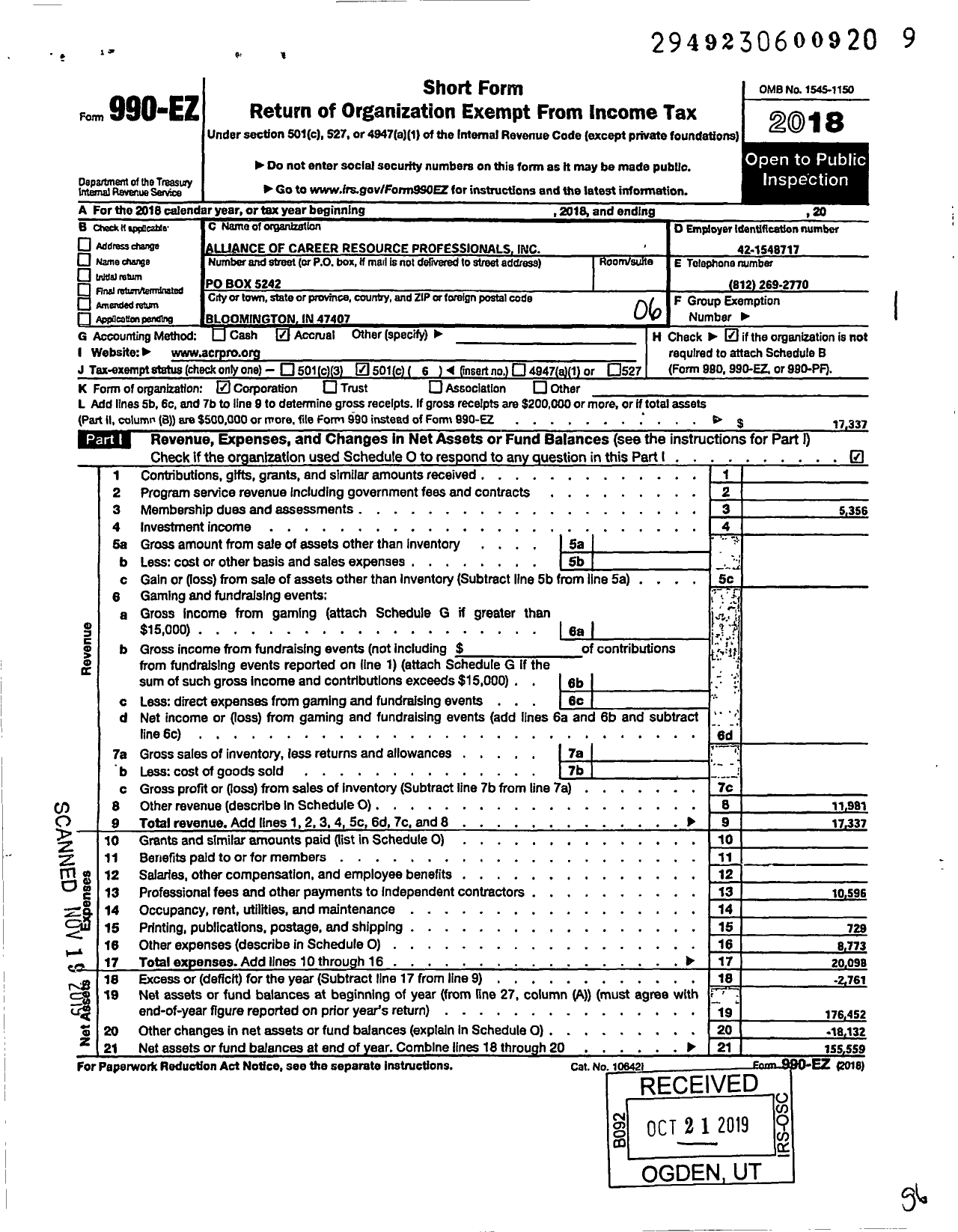 Image of first page of 2018 Form 990EO for Alliance of Career Resource Professionals