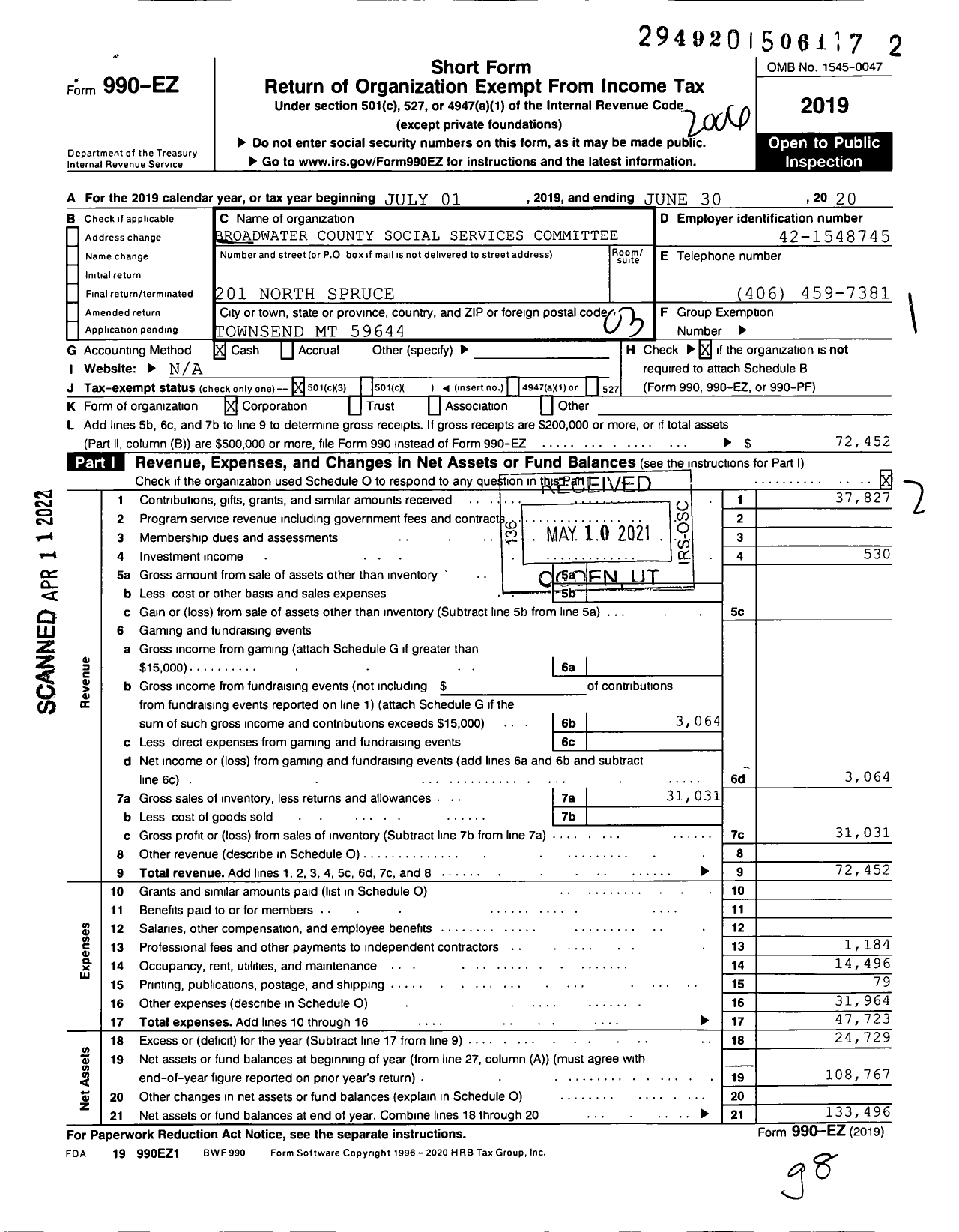 Image of first page of 2019 Form 990EZ for Broadwater County Social Services