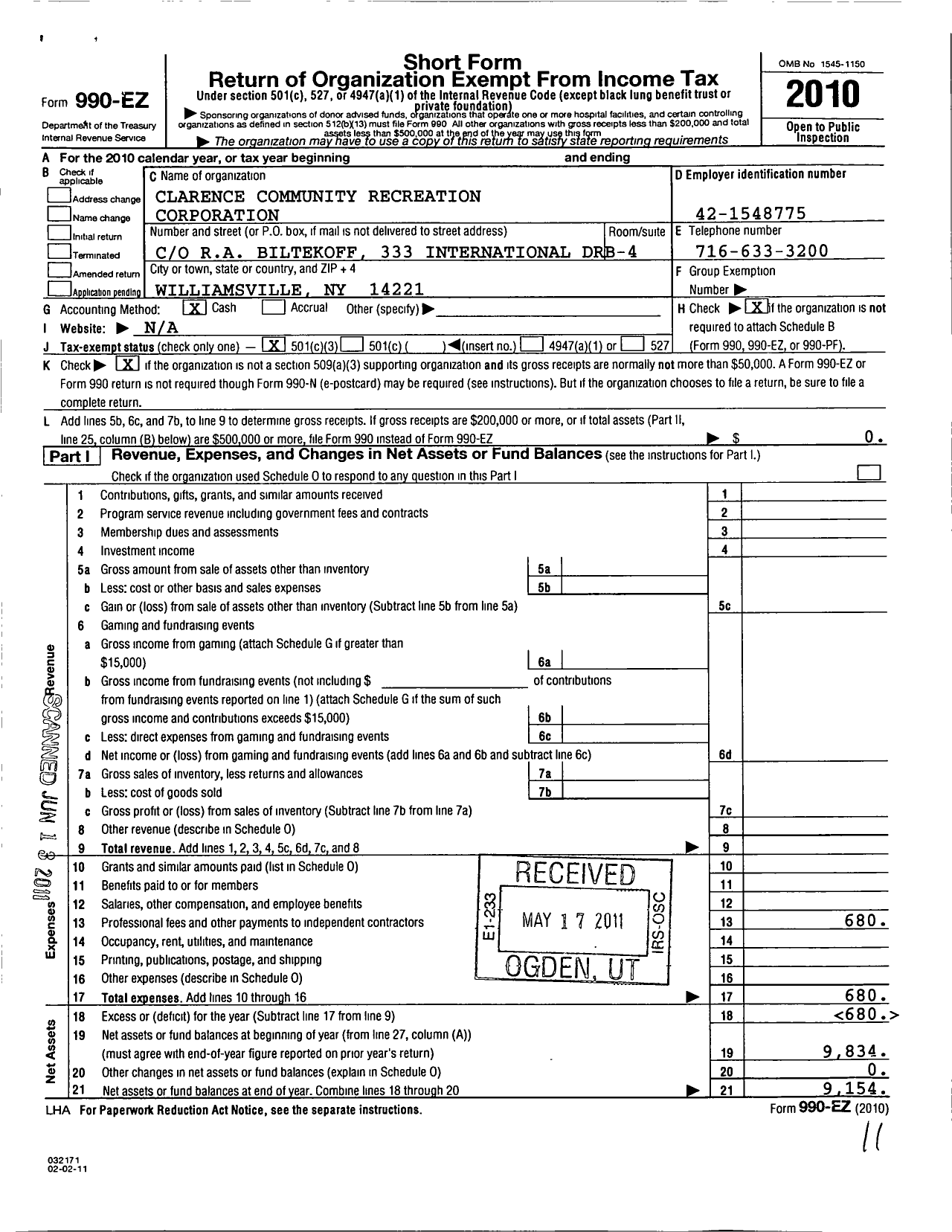 Image of first page of 2010 Form 990EZ for Clarence Community Recreation Corporation