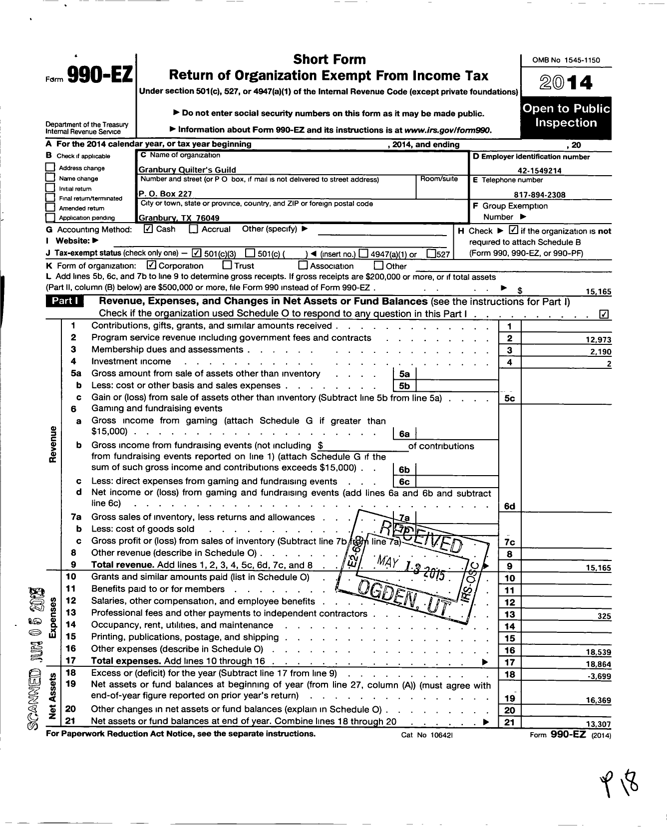 Image of first page of 2014 Form 990EZ for Granbury Quilters Guild