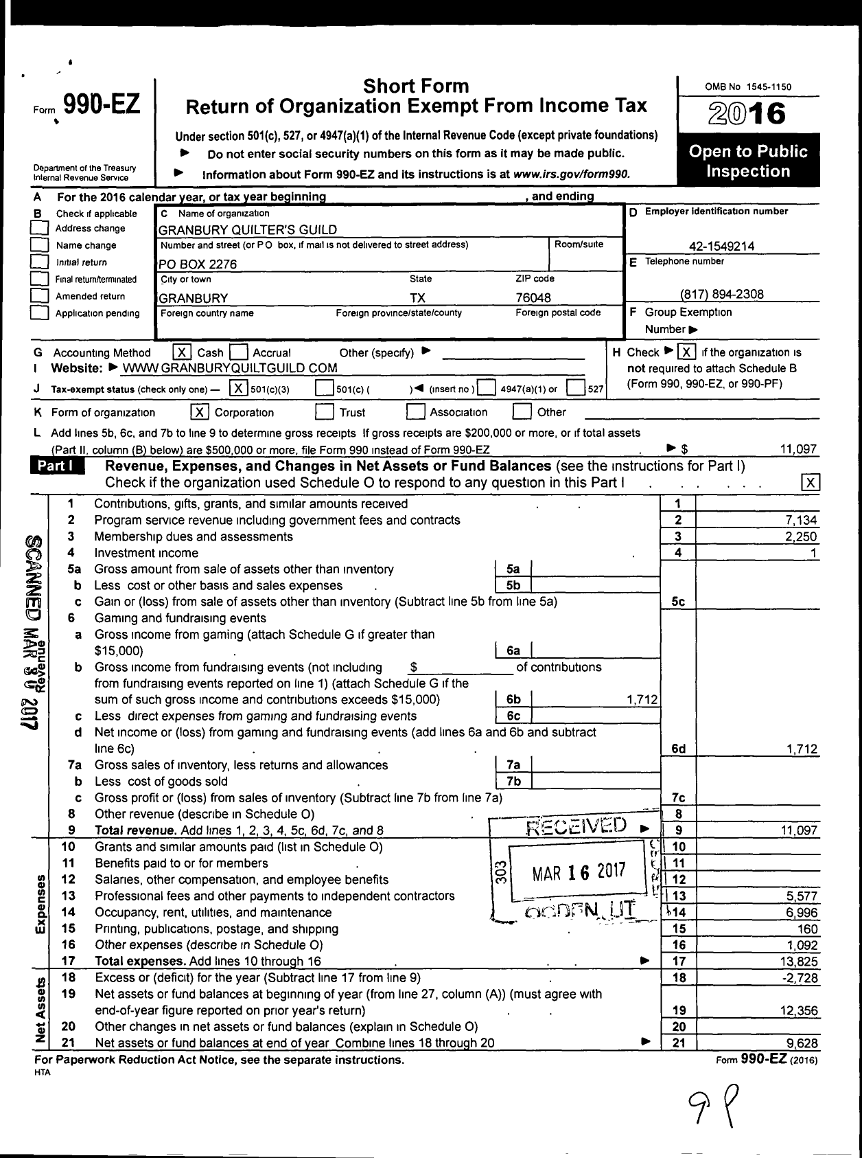 Image of first page of 2016 Form 990EZ for Granbury Quilters Guild