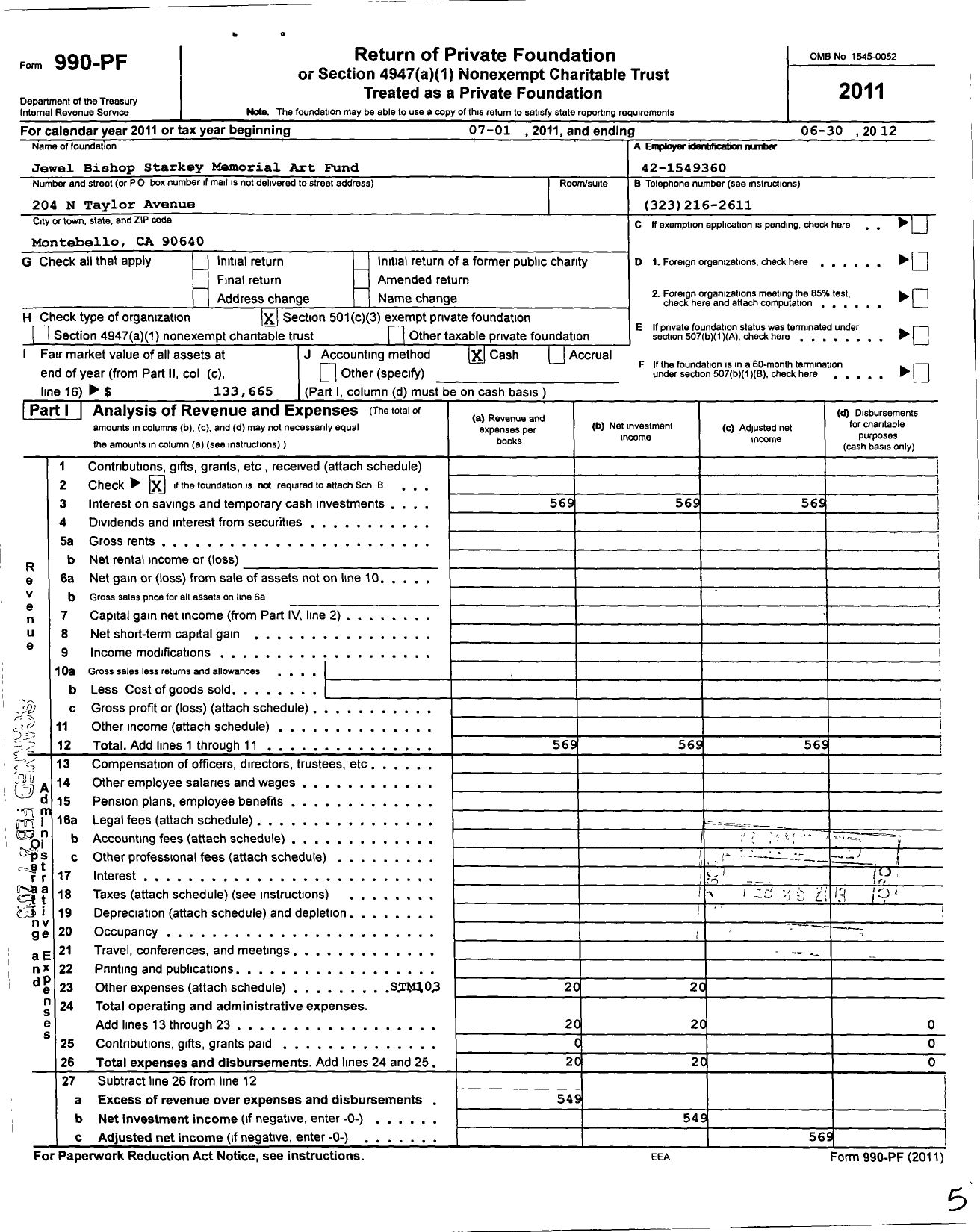 Image of first page of 2011 Form 990PF for Jewel Bishop Starkey Memorial Art Fund