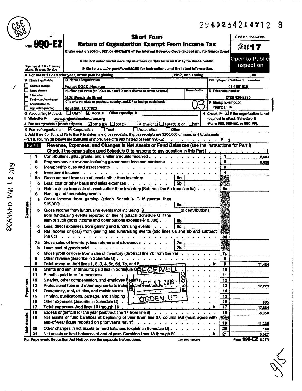 Image of first page of 2017 Form 990EZ for Project Docc Houston