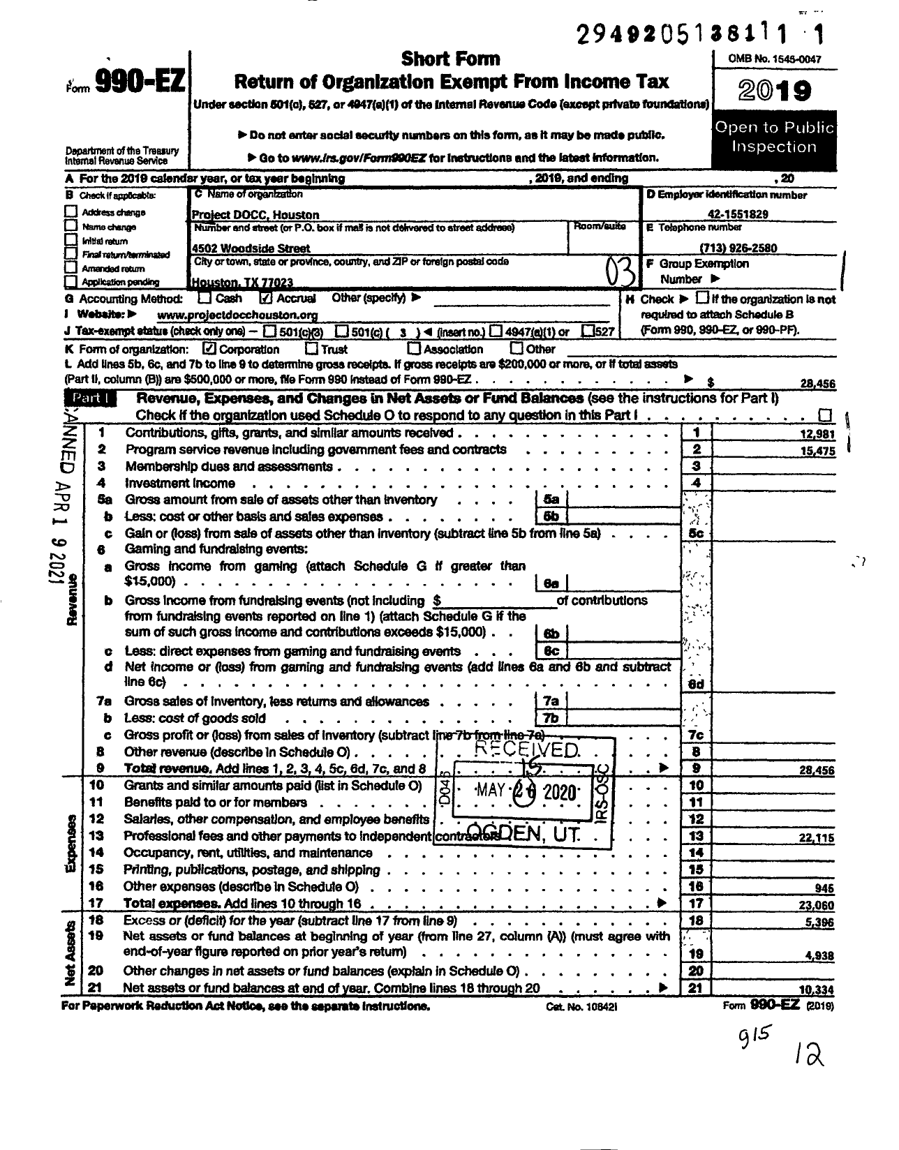 Image of first page of 2019 Form 990EZ for Project Docc Houston