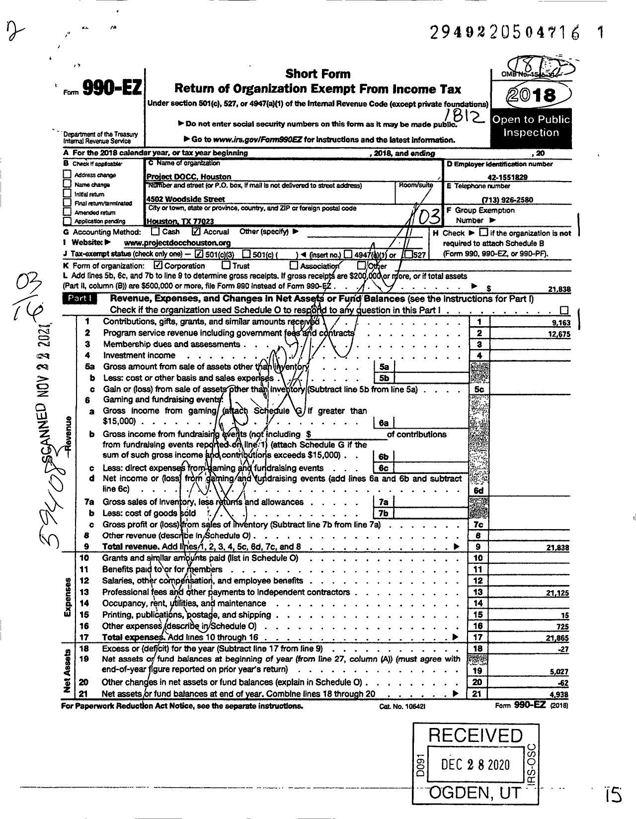 Image of first page of 2018 Form 990EZ for Project Docc Houston
