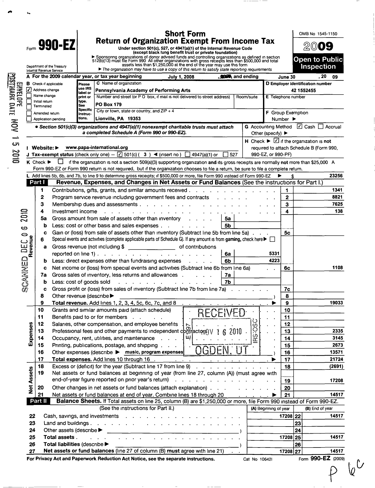 Image of first page of 2008 Form 990EZ for Pennsylvania Academy of Performing Arts