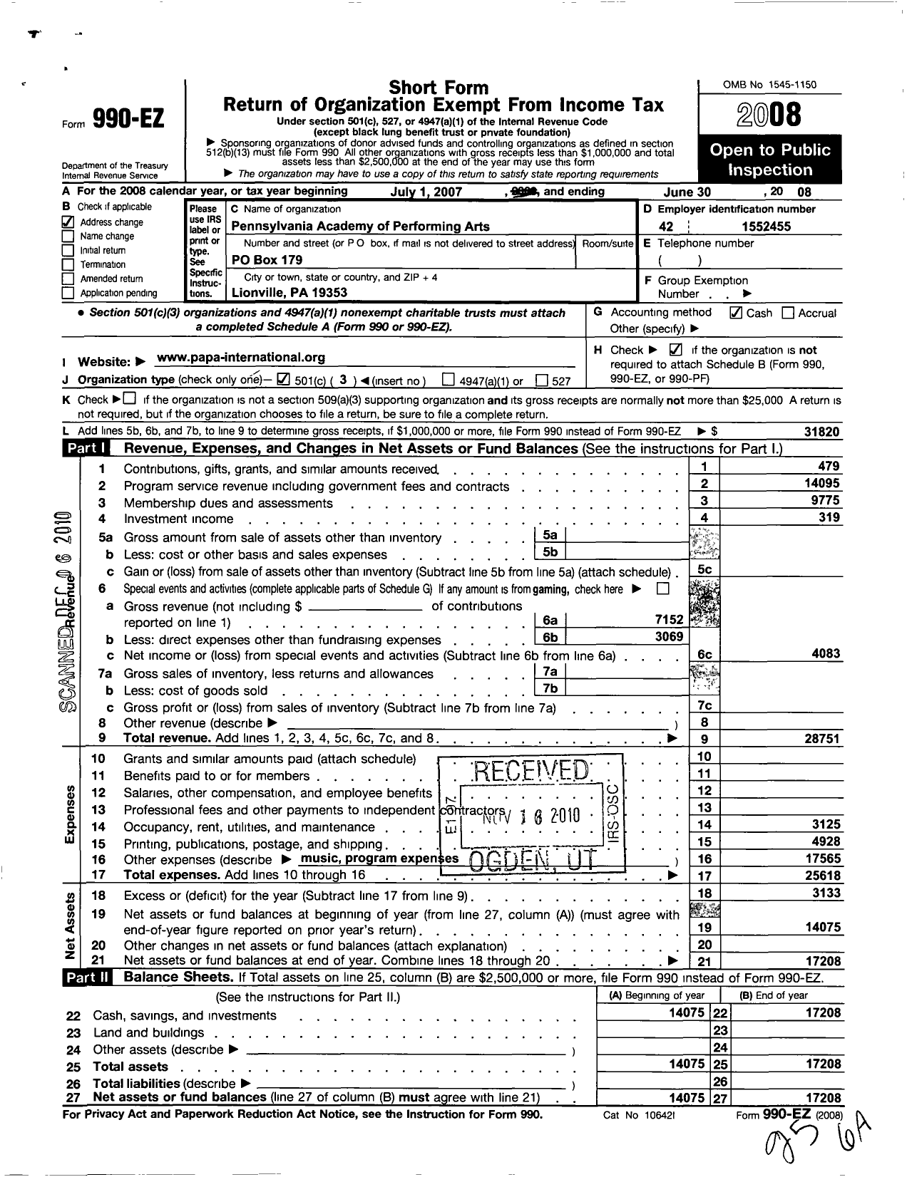 Image of first page of 2007 Form 990EZ for Pennsylvania Academy of Performing Arts