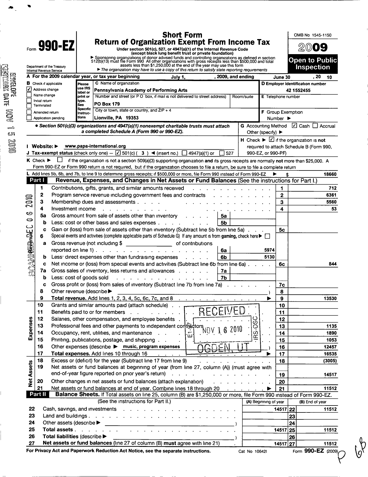 Image of first page of 2009 Form 990EZ for Pennsylvania Academy of Performing Arts