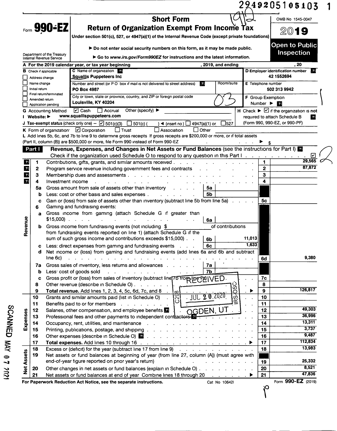 Image of first page of 2019 Form 990EZ for Squallis Puppeteers