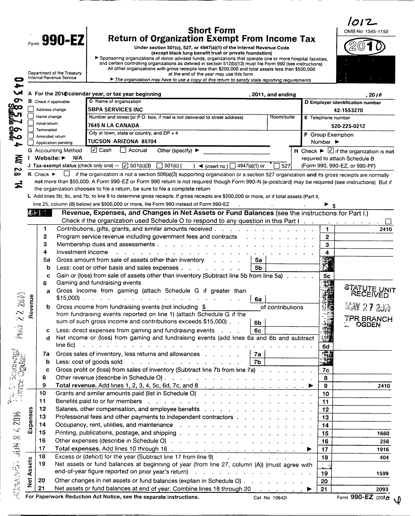 Image of first page of 2010 Form 990EZ for Sbpa Services