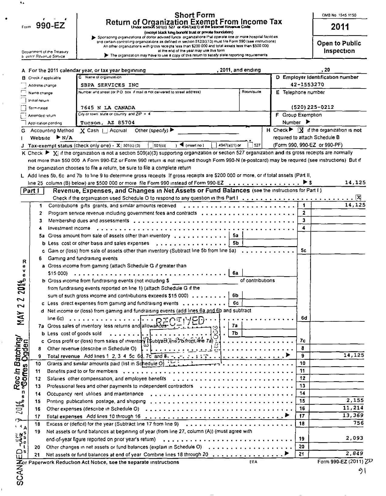 Image of first page of 2011 Form 990EZ for Sbpa Services