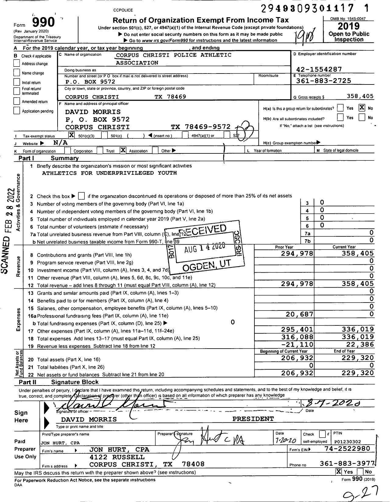 Image of first page of 2019 Form 990 for Corpus Christi Police Athletic League