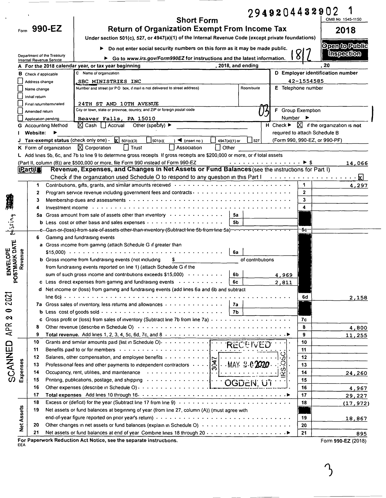 Image of first page of 2018 Form 990EZ for SBC Ministries