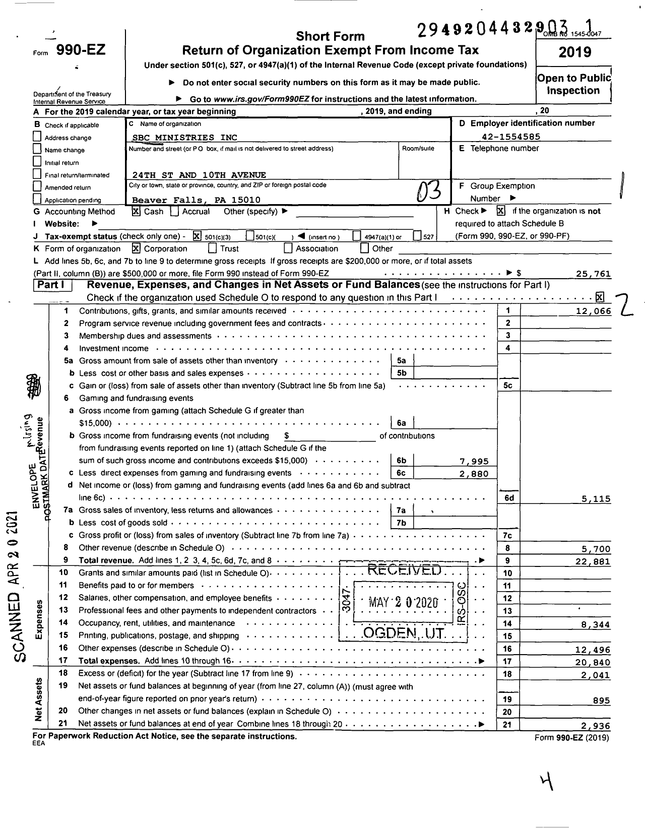 Image of first page of 2019 Form 990EZ for SBC Ministries