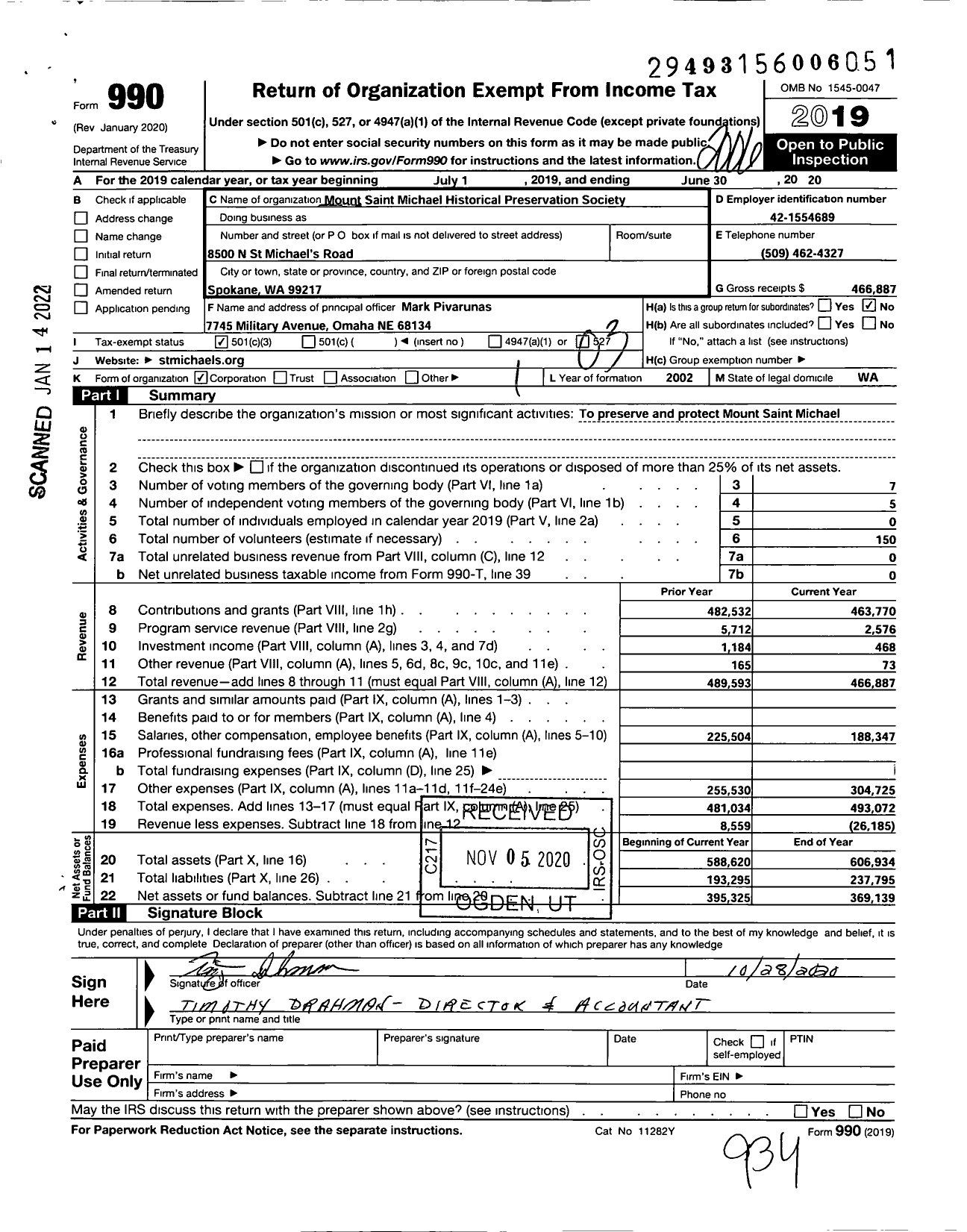 Image of first page of 2019 Form 990 for Mount Saint Michael Historical Preservation Society