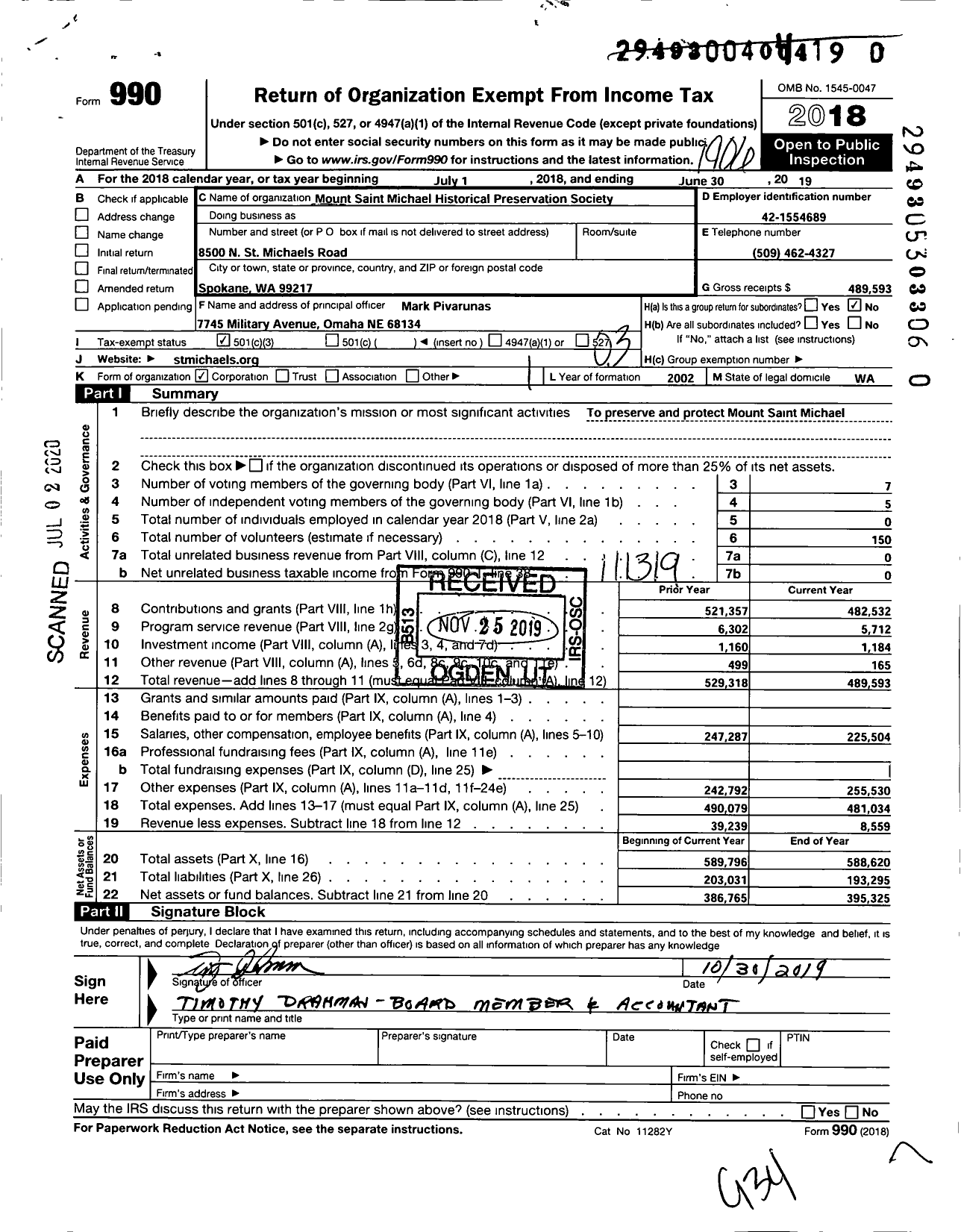 Image of first page of 2018 Form 990 for Mount Saint Michael Historical Preservation Society