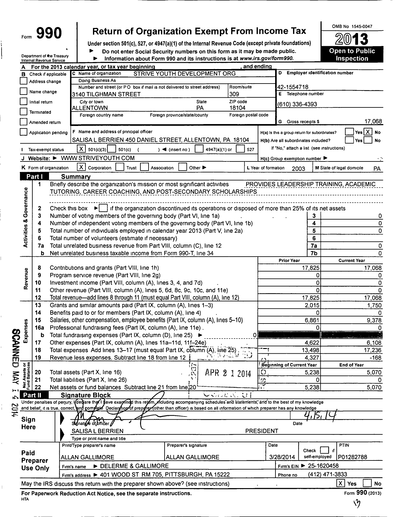Image of first page of 2013 Form 990 for Strive