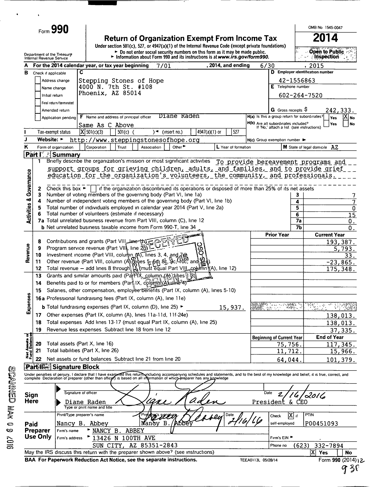 Image of first page of 2014 Form 990 for Stepping Stones of Hope